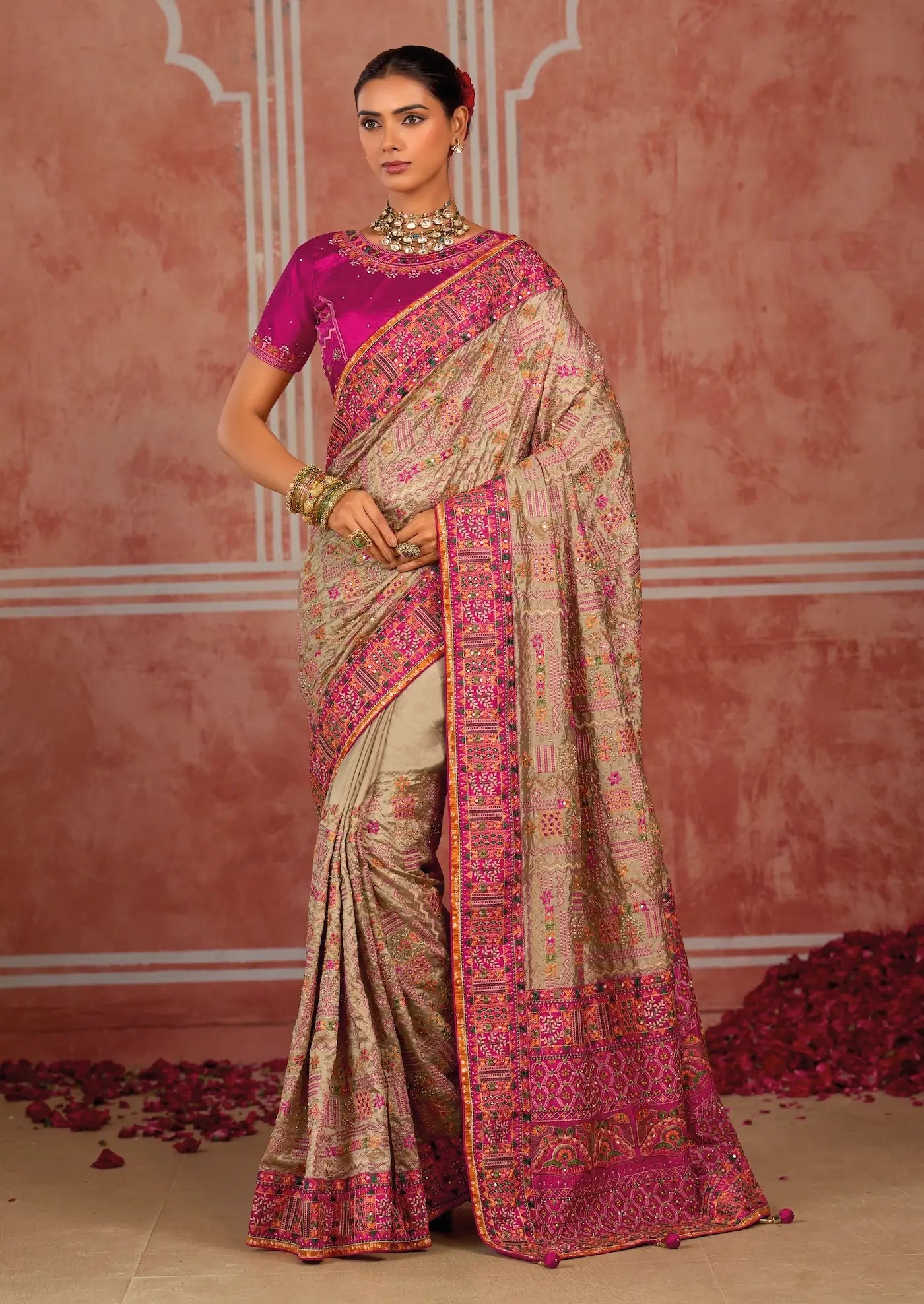 Dusty Beige Silk Kacchi Heavy Work Saree