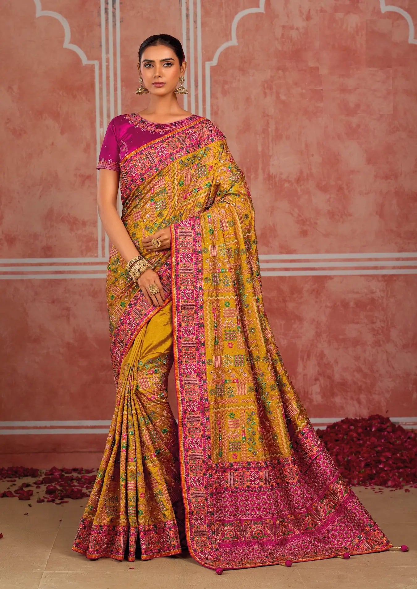 Mustard Yellow Silk Kacchi Heavy Work Saree