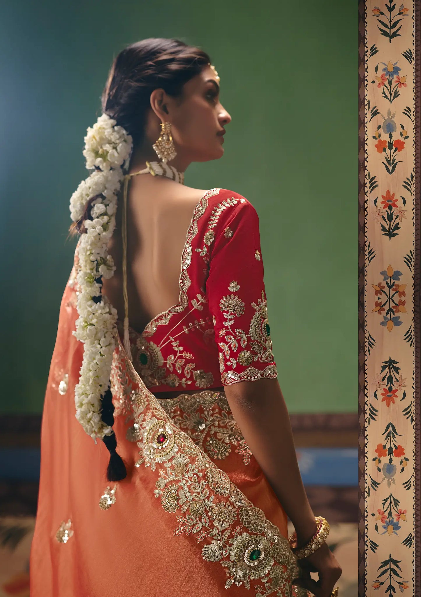 Coral Orange Heavy Embroidered Saree