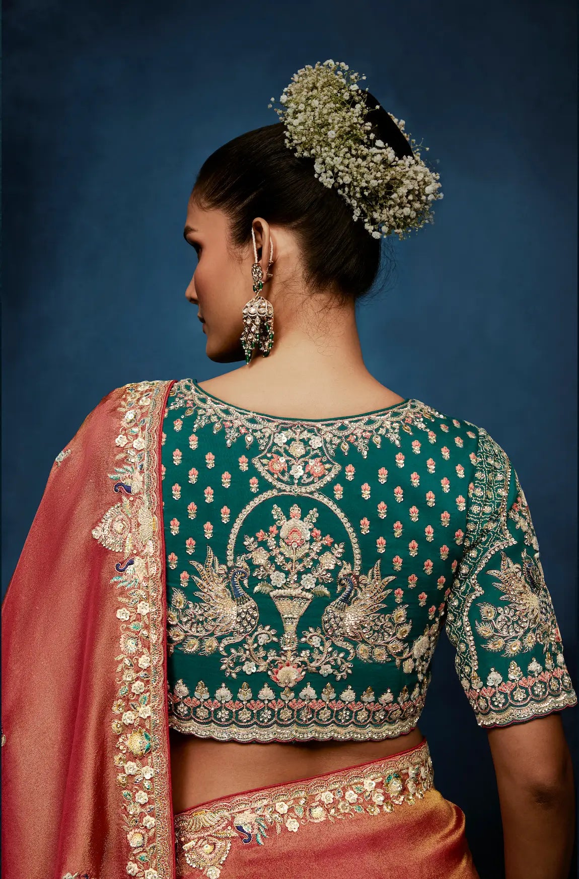 Coral Orange Embroidery & Hand Work Saree