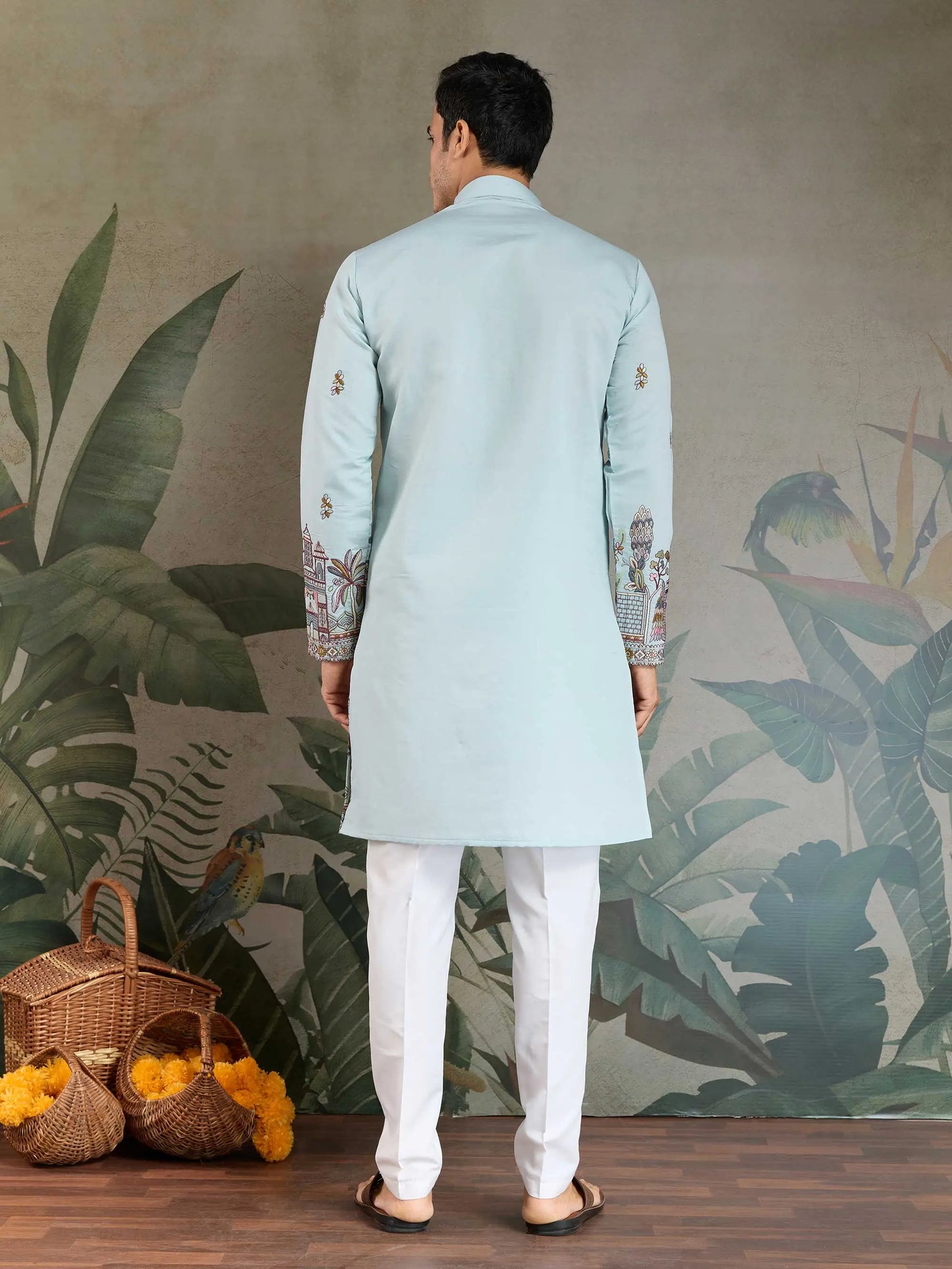 Sky Viscose Silk Thread & Sequence Embroidered Work Kurta With Pant & Dupatta