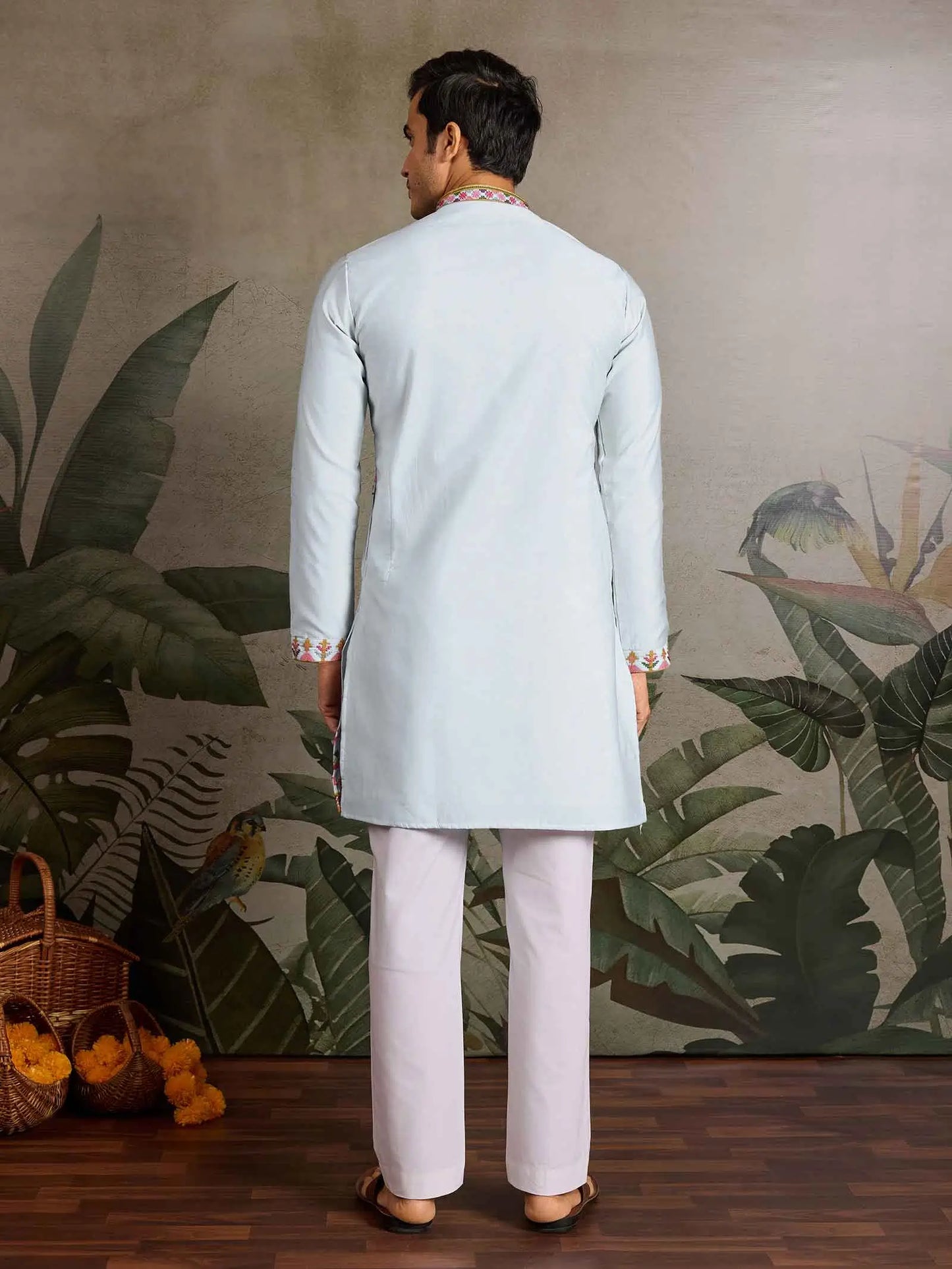 Festive Sky Kurta Set with Multi-Thread Embroidery Work