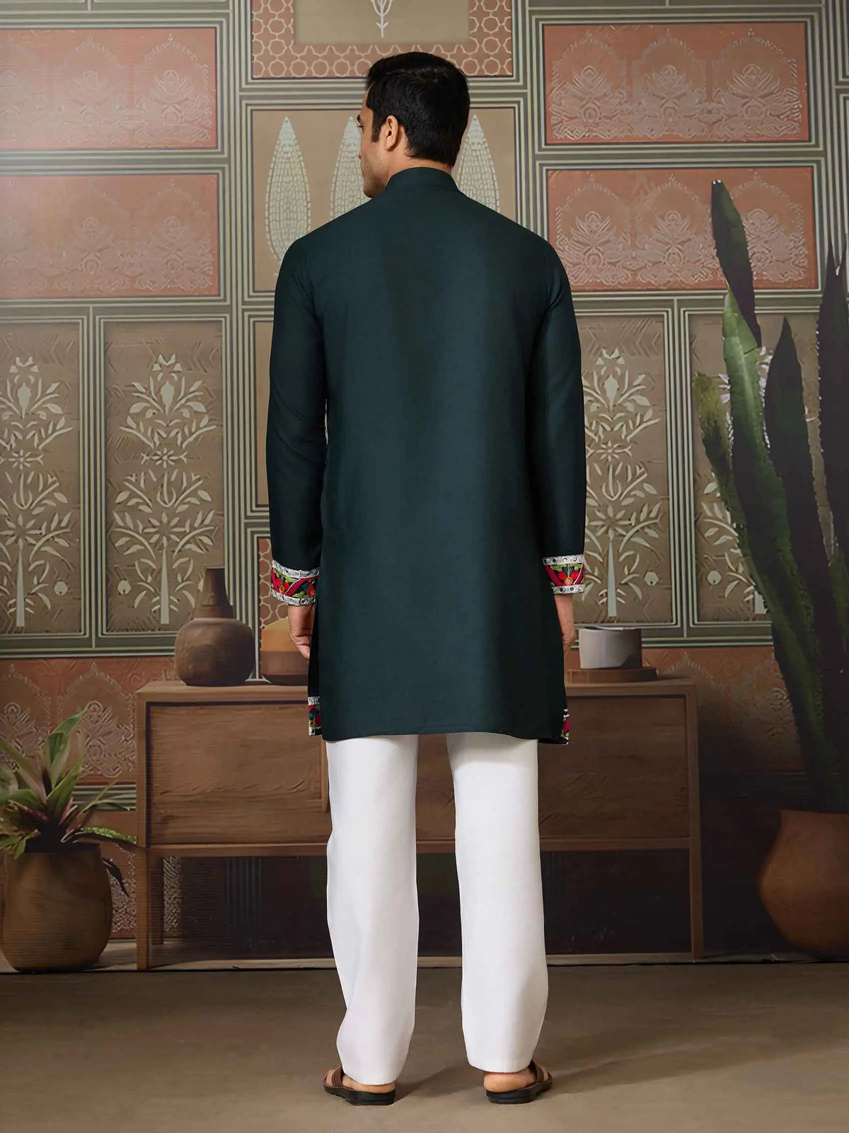 Dark Green Navratri Kurta Set Multi Thread And Real Mirror Work