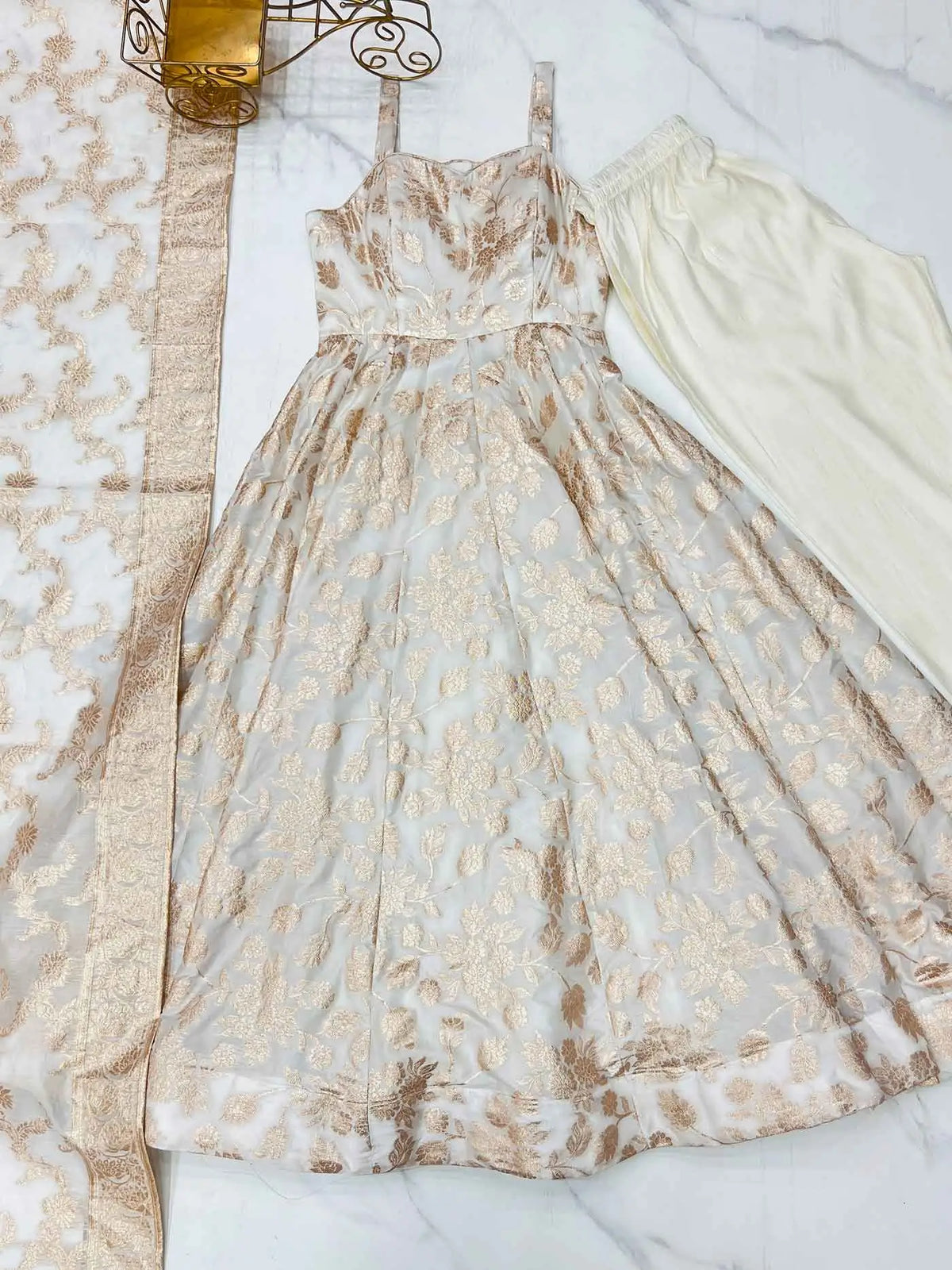 White Banarasi Jacquard Dola Silk Gown