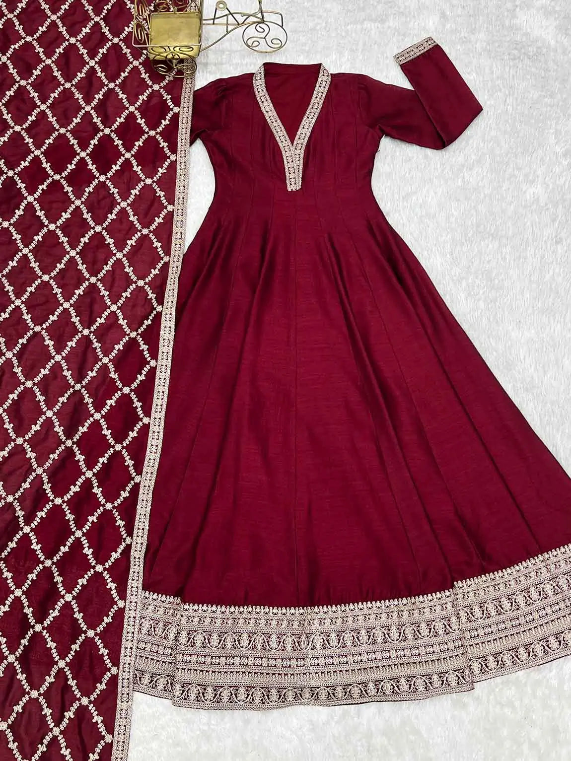 Dark Maroon Silk Embroidery Work Gown
