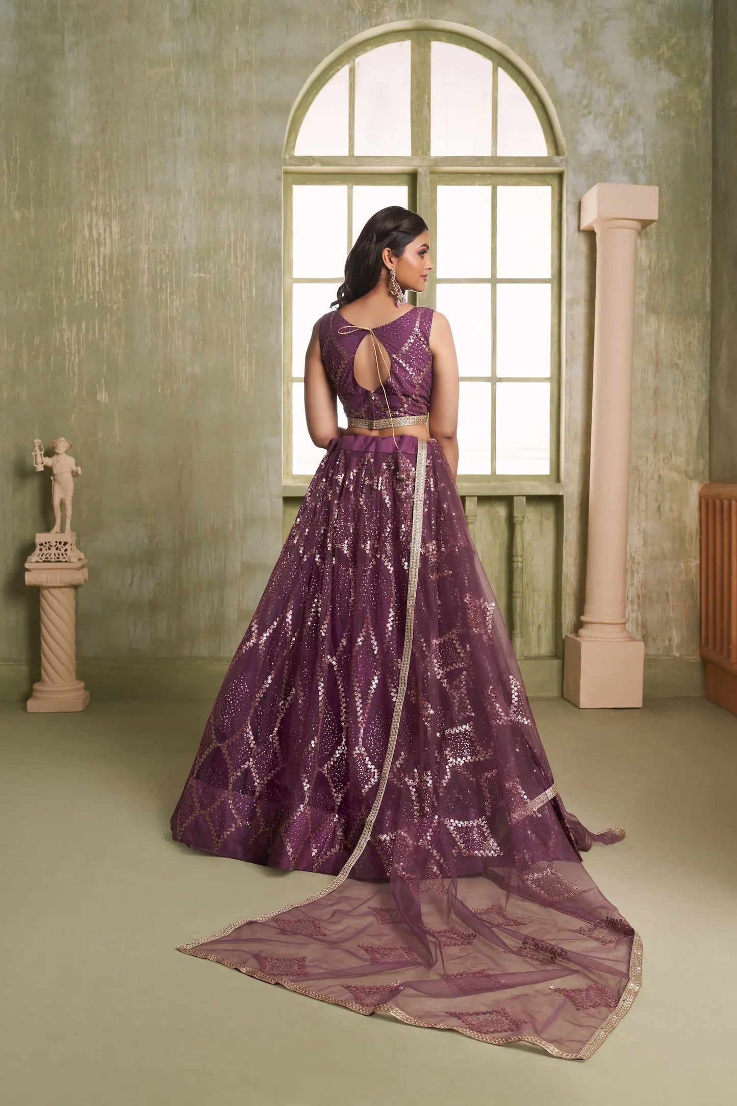 Wine Net Sequins Lehenga Choli