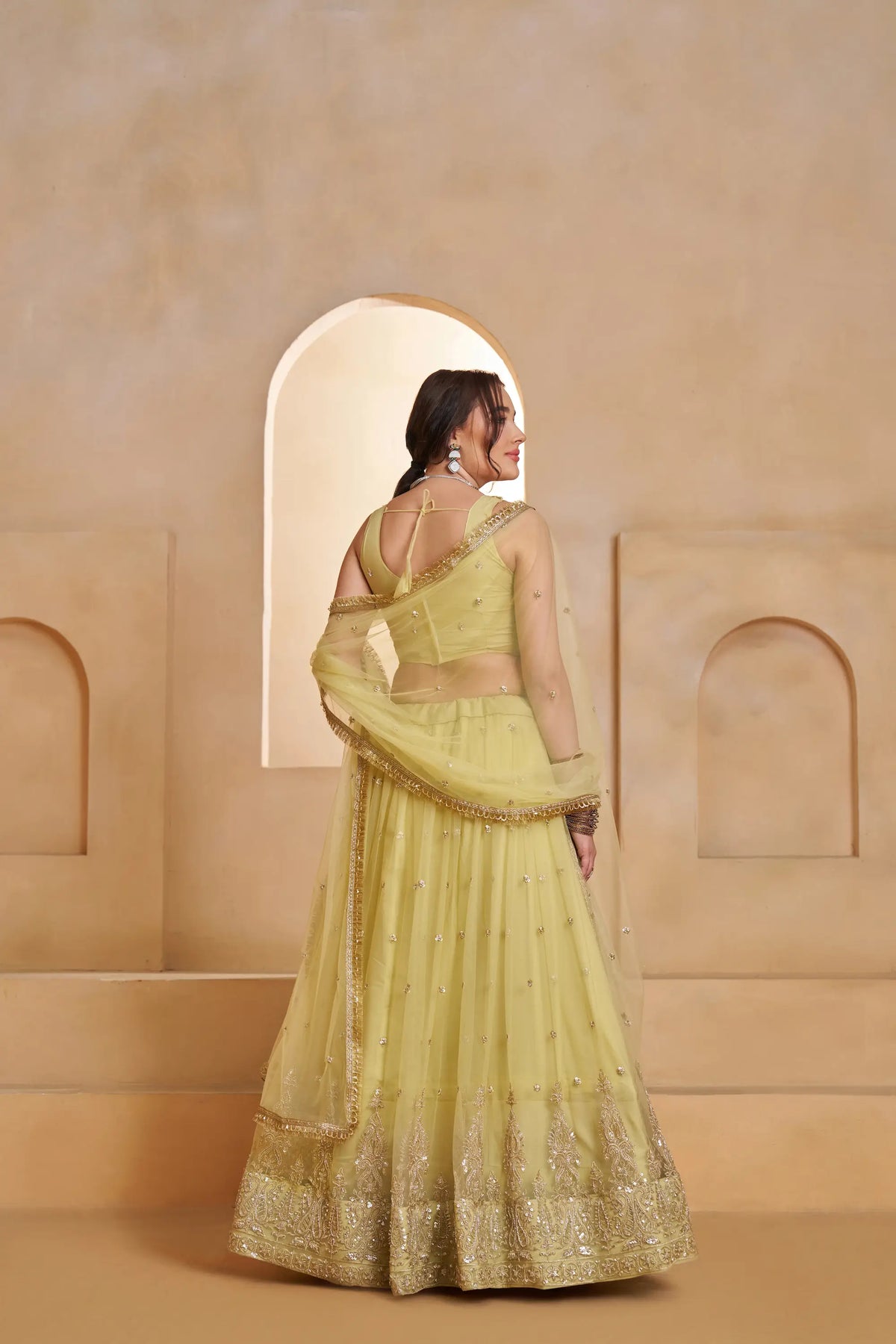 Pastel Yellow Net Embroidery Lehenga choli