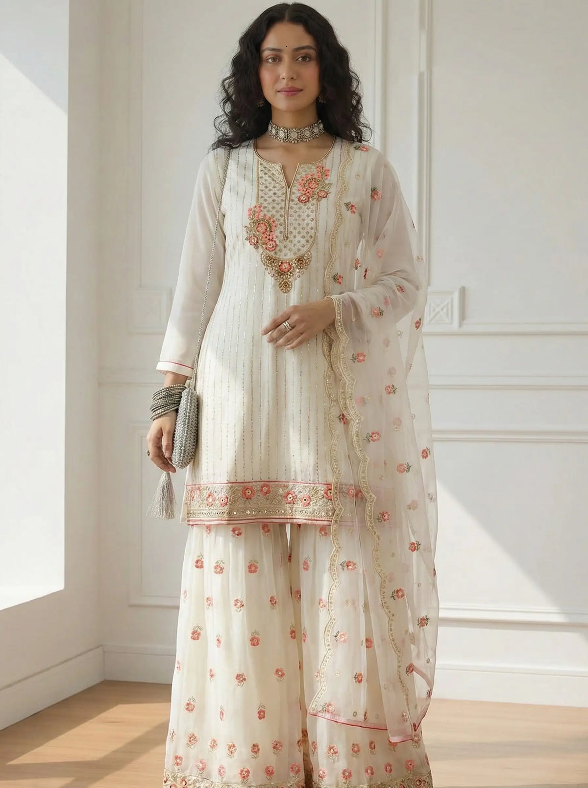 Beige Khatali & Embroidery Work Sharara Suit