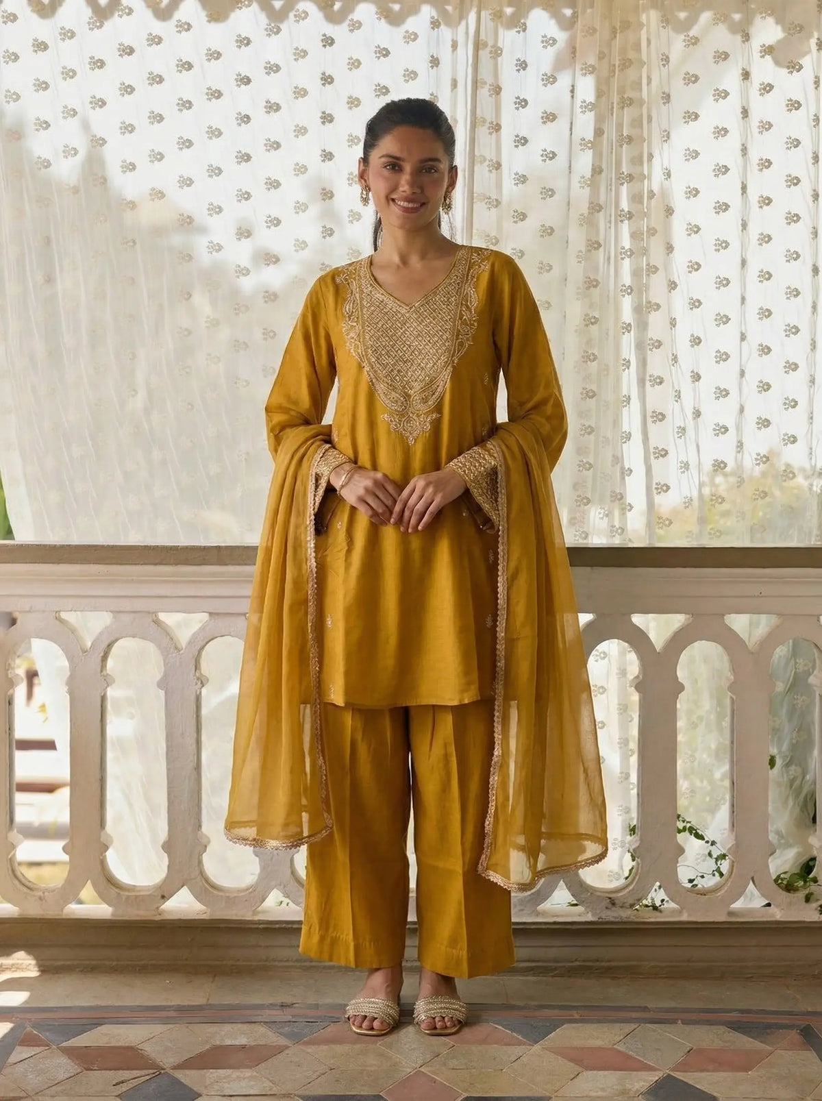 Mustered Silk A-Line Embroidered Salwar Suit
