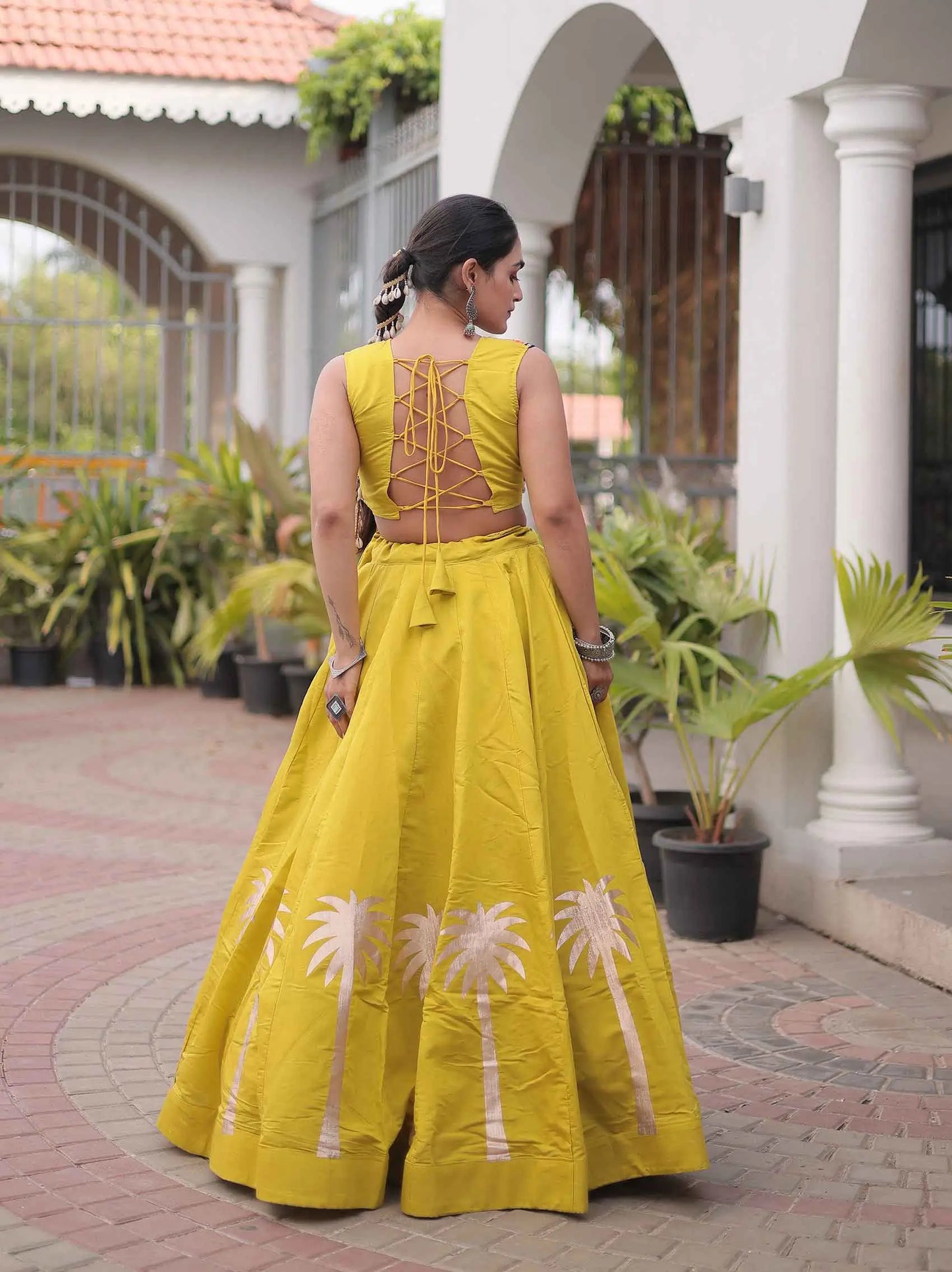 Olive Yellow Gamthi Work Navratri Lehenga Choli