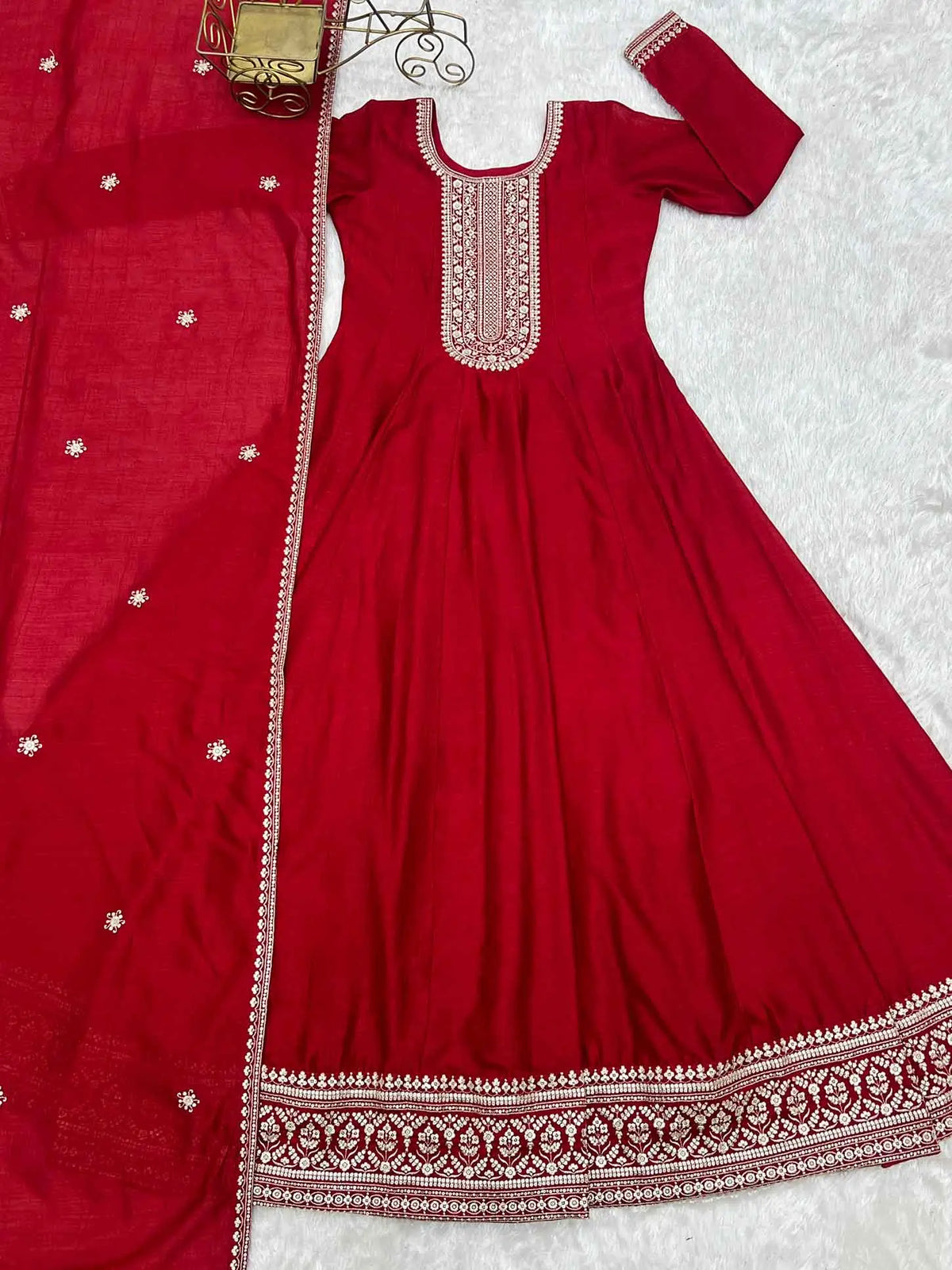 Dark Red Silk Embroidery Work Gown