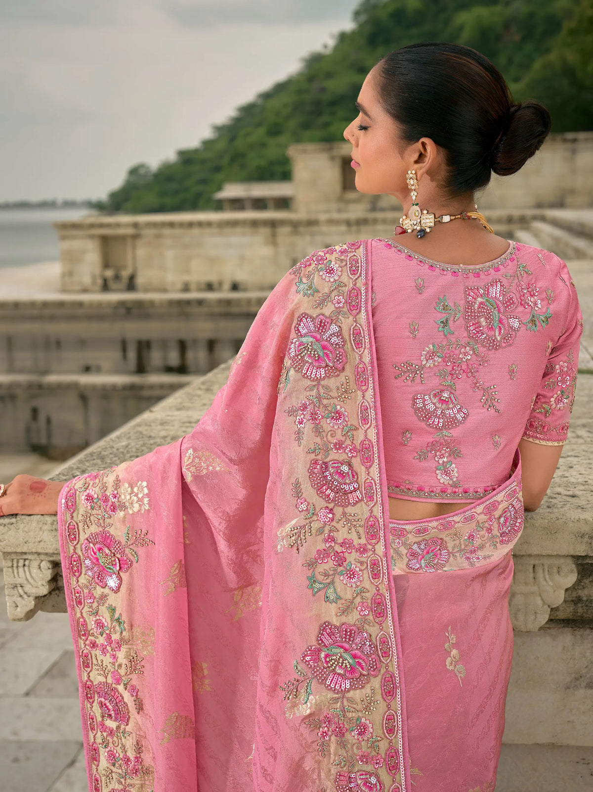 Rose pink Viscose Jacquard Saree With Embroidery, Pearls, Khatli, Zari Weaving Work
