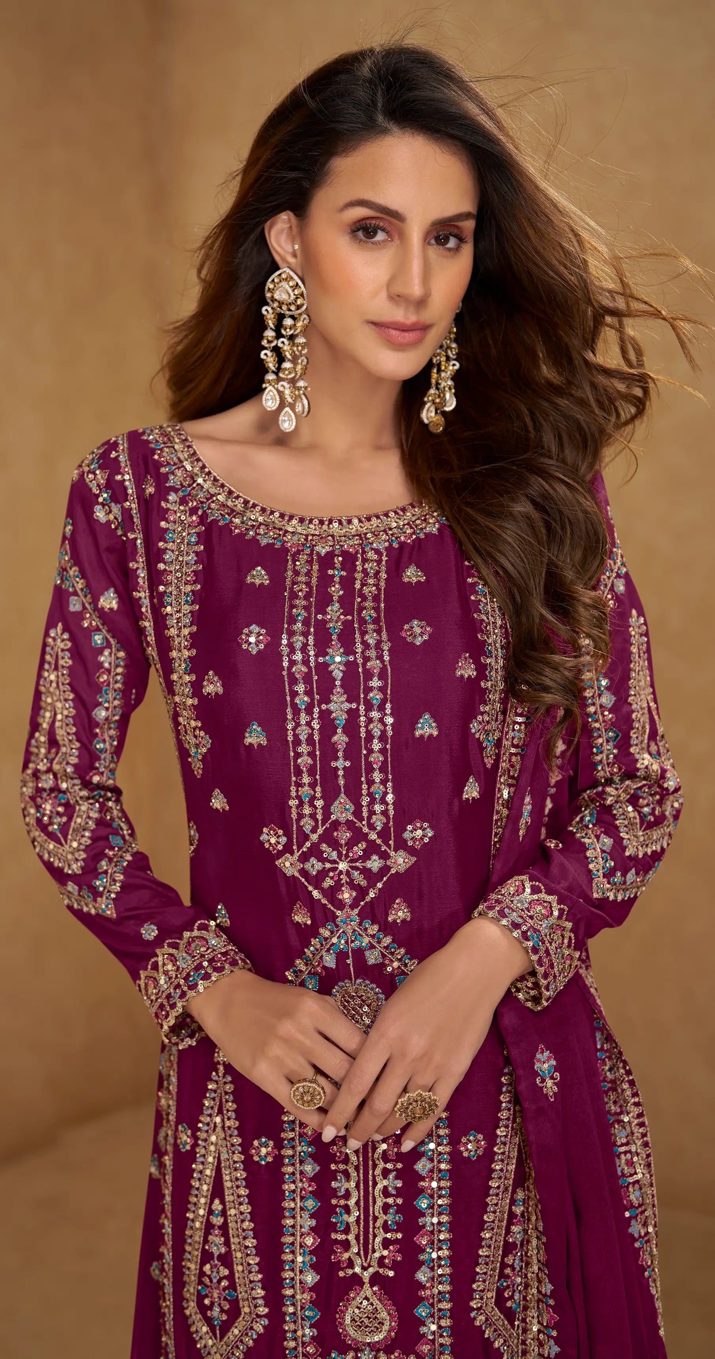 Marron Salwar Suit in Real Chinon With Embroidery Work