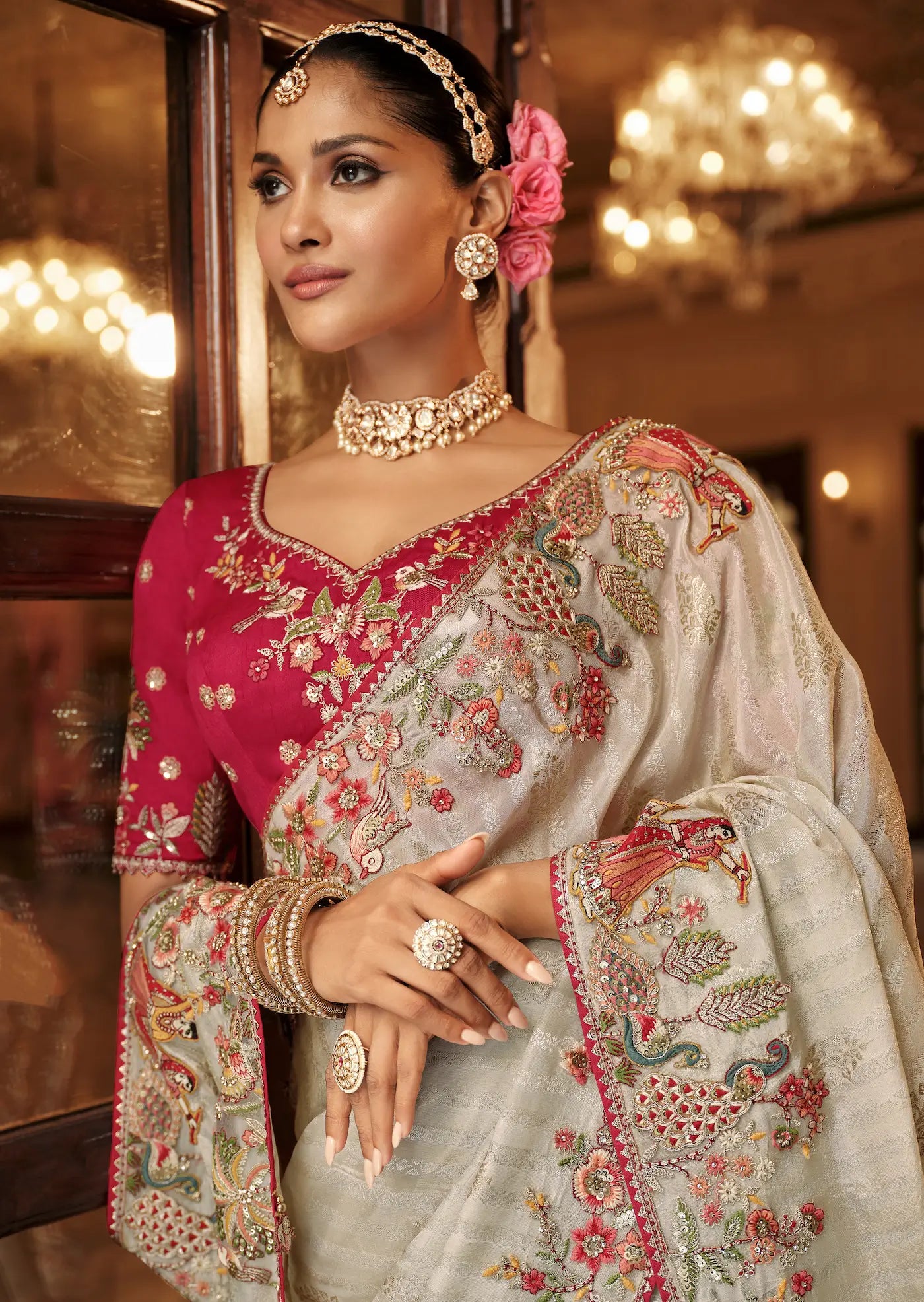 Off White Jacquard Silk Embroidery & Hand Work Saree