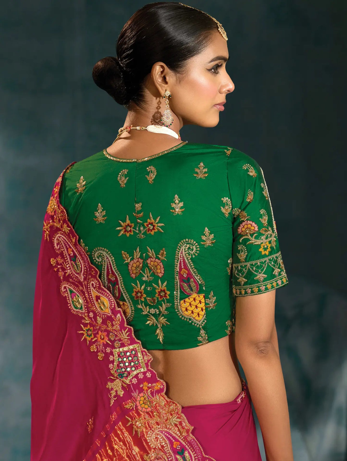 Rani Pink Heavy Embroidery & Hand Work Silk Saree