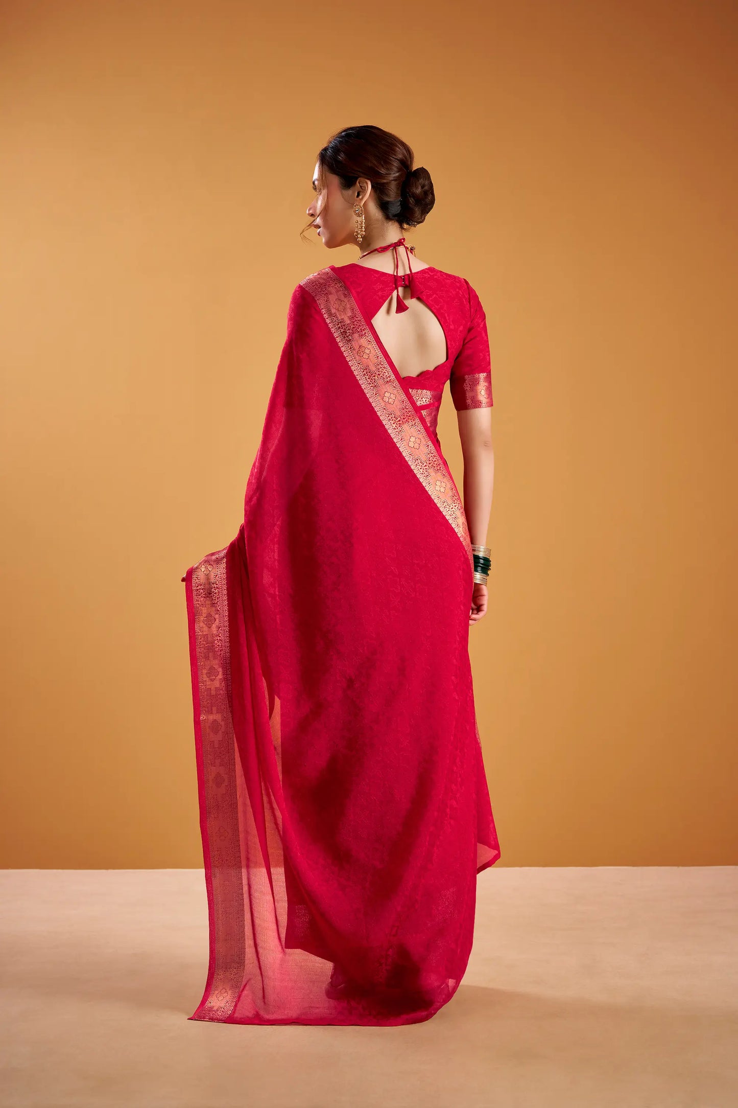Rose Red Poly Shimmer Zari Weaving Saree