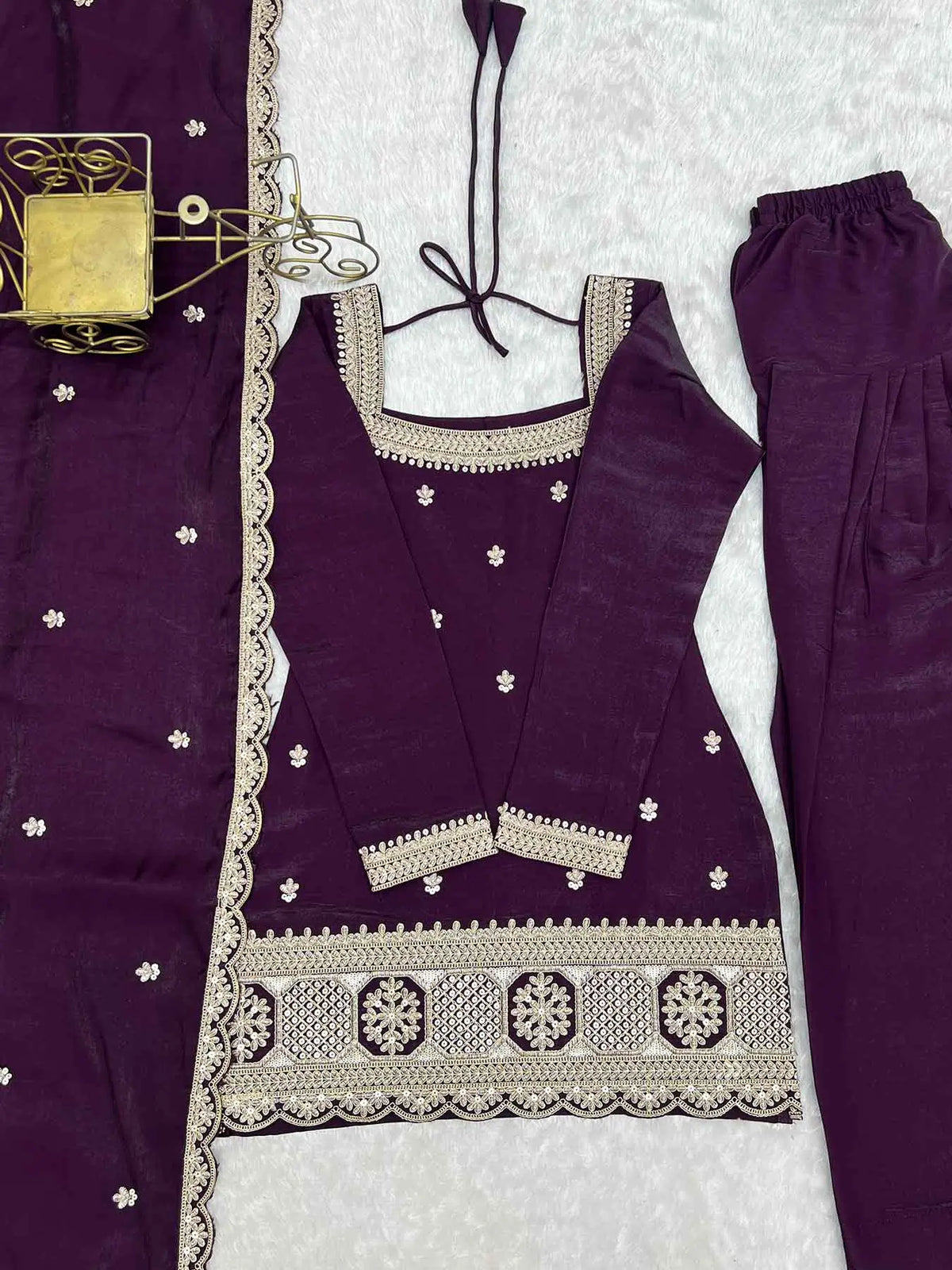 Plum Purple Embroidered Silk Salwar Suit