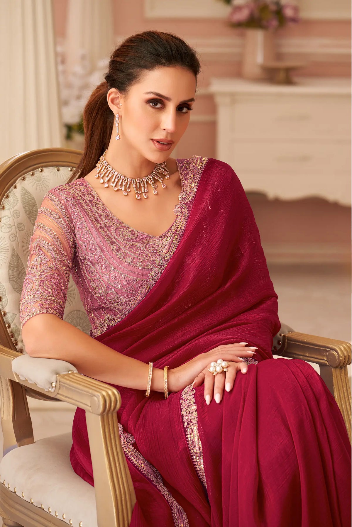 Cherry Red Rainbow Georgette Thread & Sequins Embroidery Work Saree