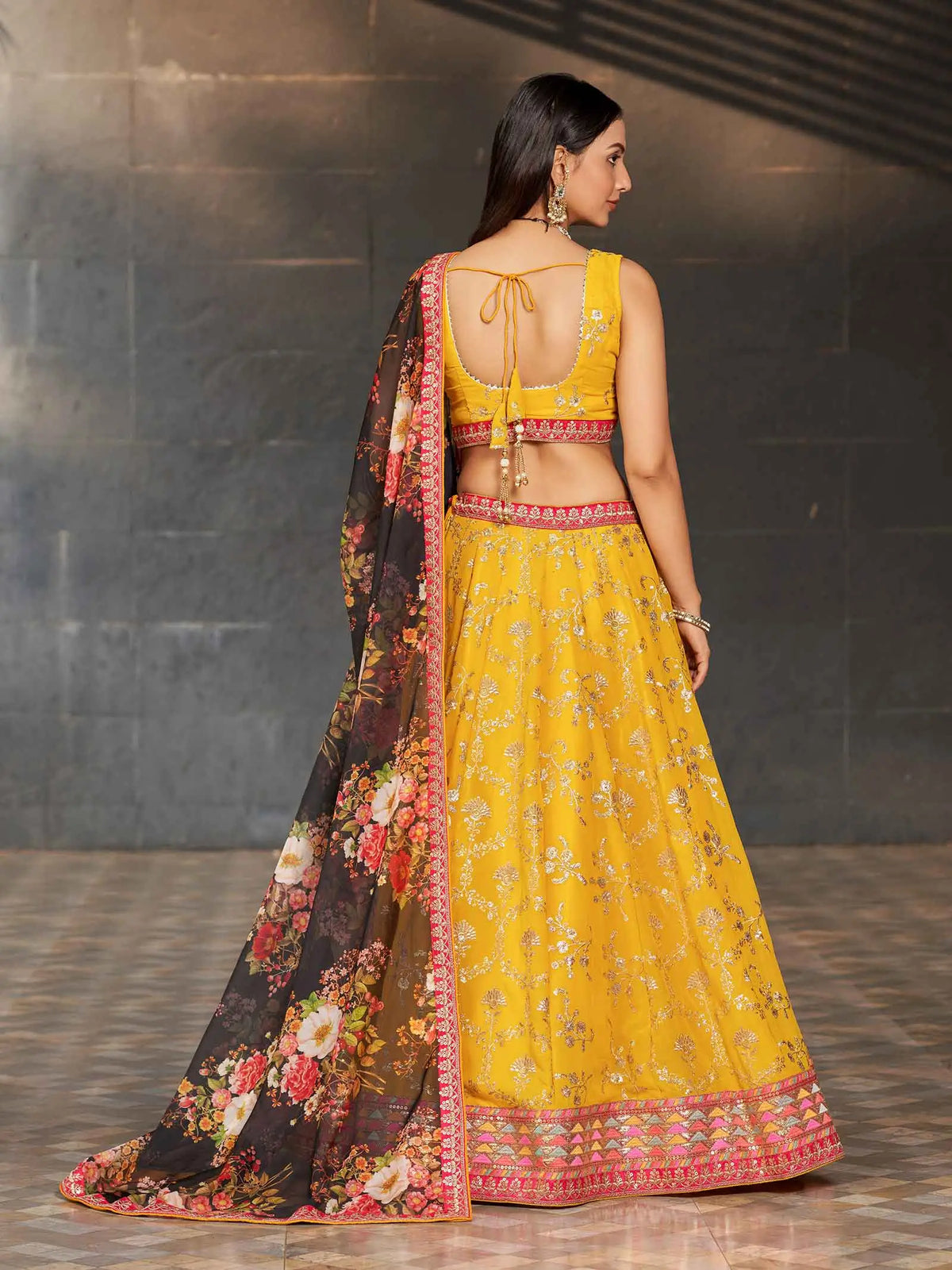 Yellow Black Georgette Lehenga With Thread Zari Sequins Embroidery Work With Digital print