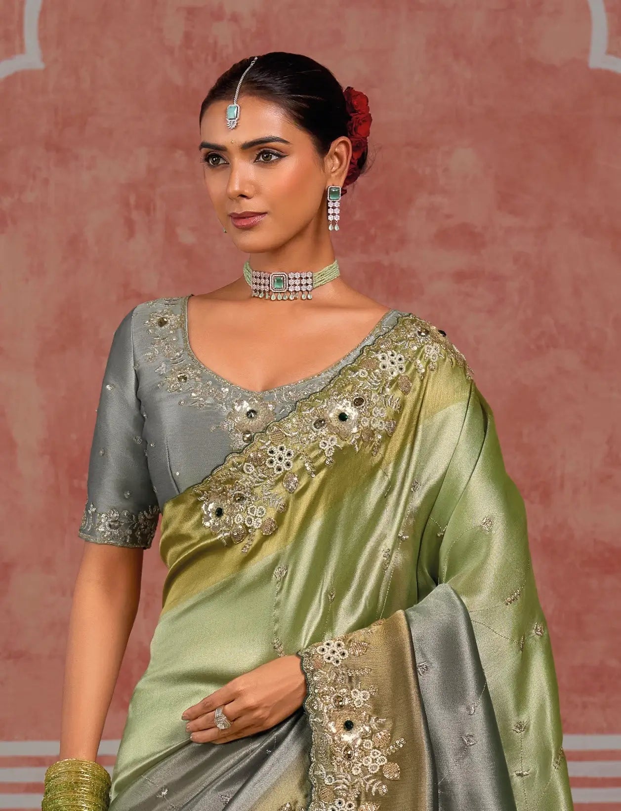 Green-Grey Silk Heavy Embroidery Saree
