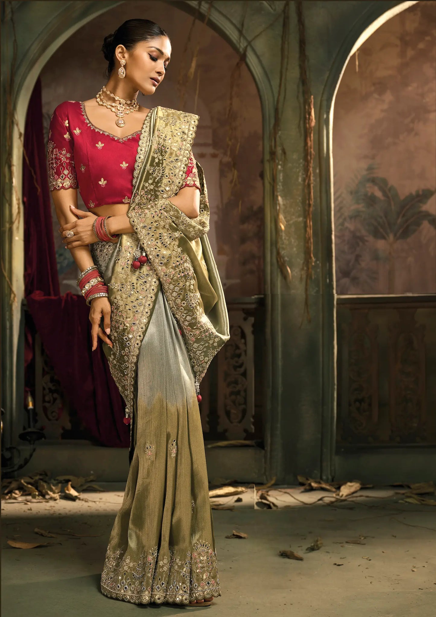 Olive Grey Silk Heavy Embroidery Saree