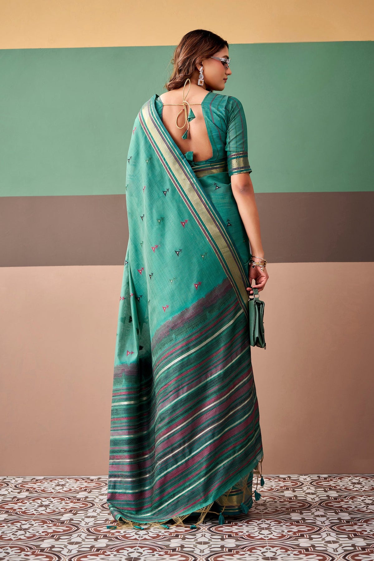 Turquoise Green Cotton Weaving Saree