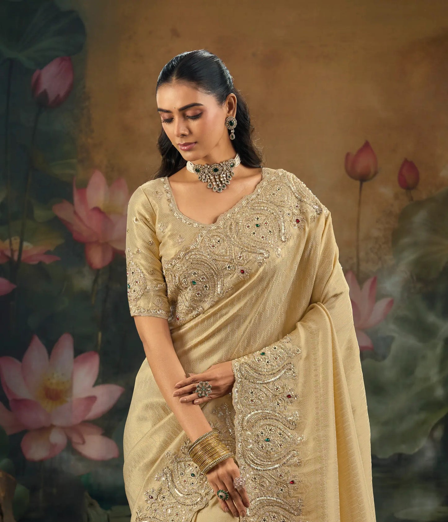 Golden Beige Kanjivaram Embroidery Saree