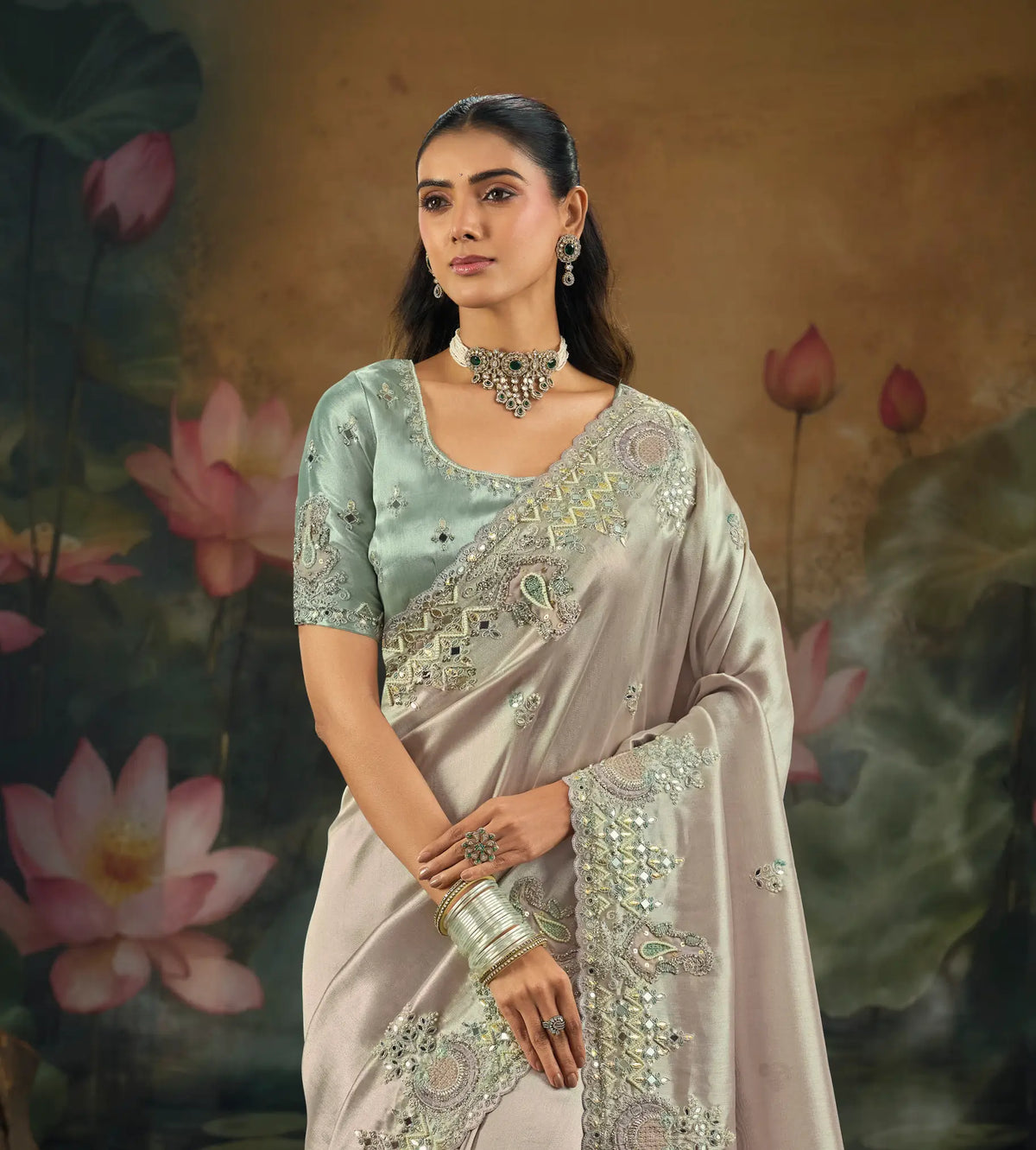 Lavender Silk Heavy Embroidery Saree