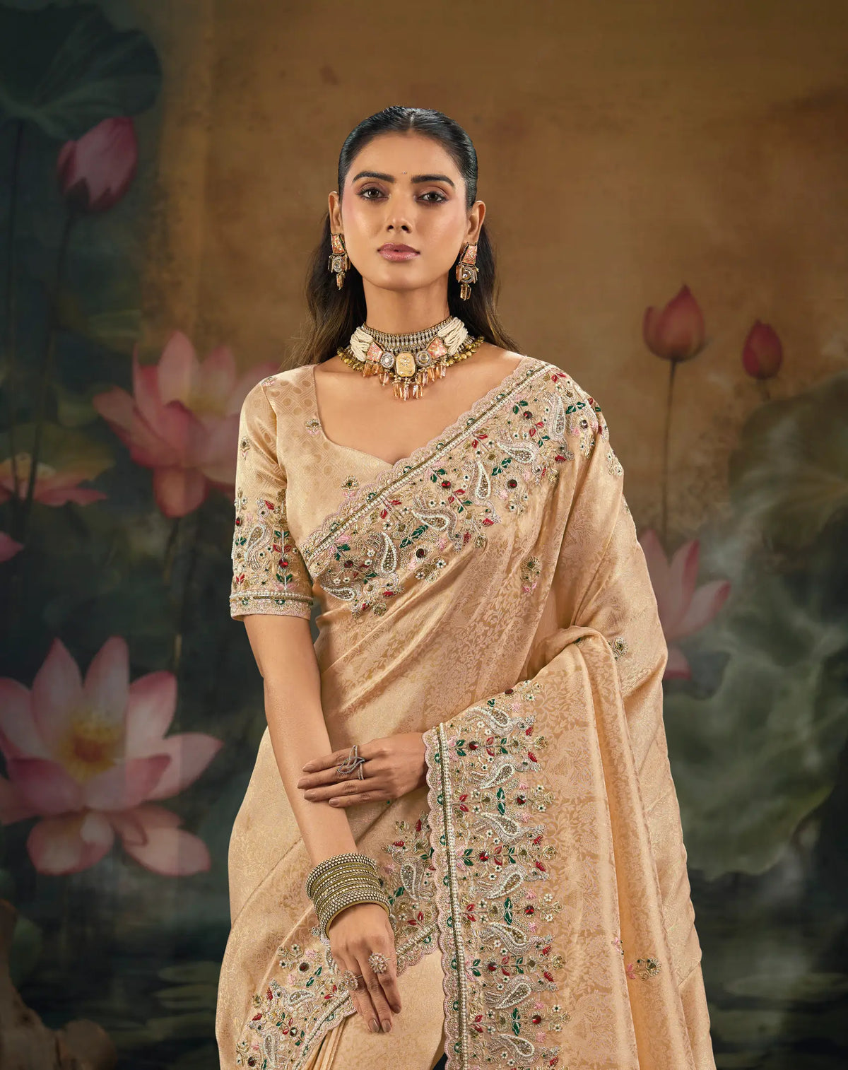 Soft Peach Kanjivaram Embroidery Saree
