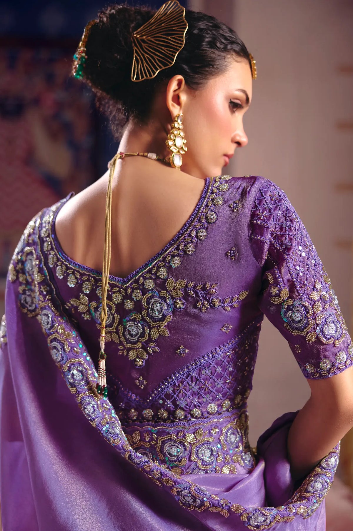 Lilac Purple Silk Heavy Embroidered Saree