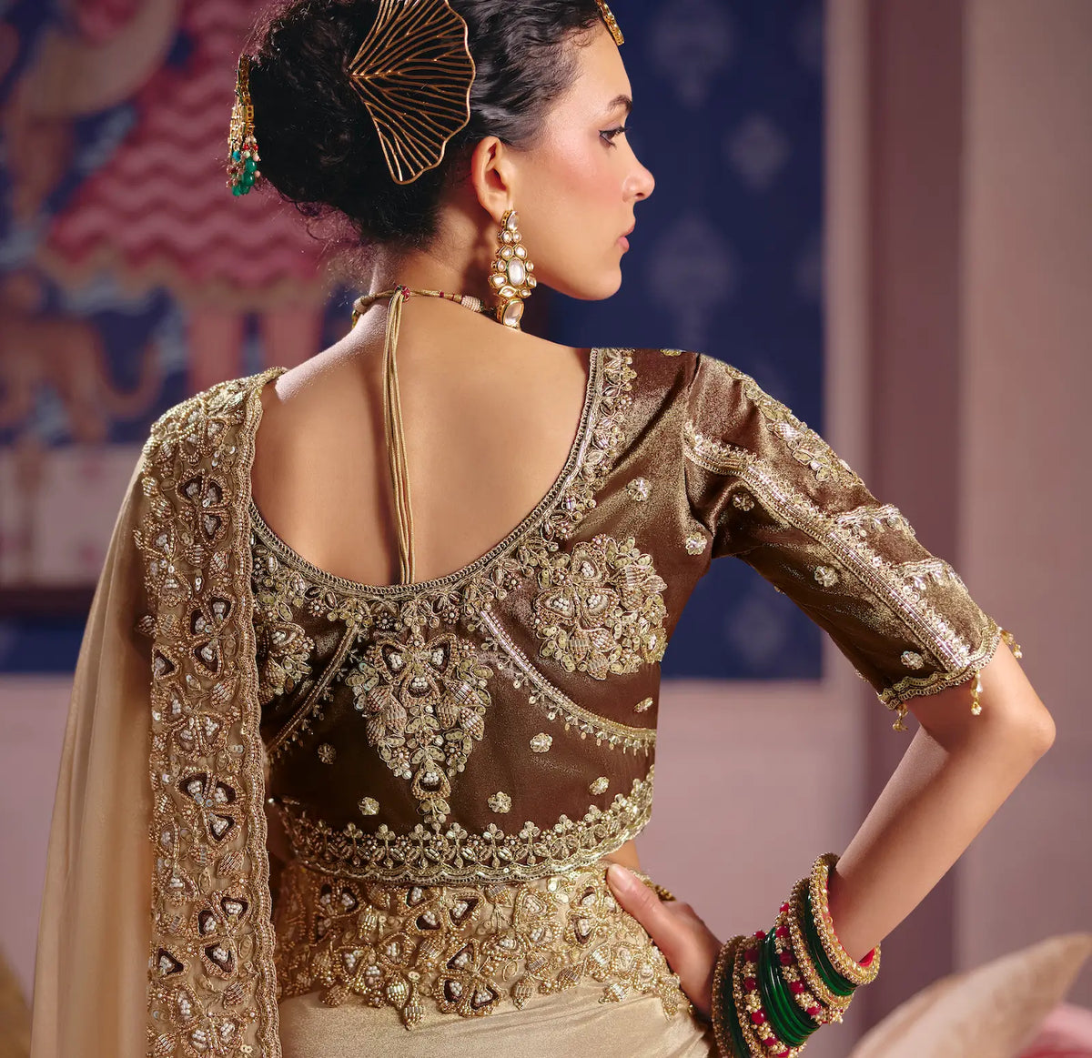 Golden Beige Silk Heavy Embroidered Saree