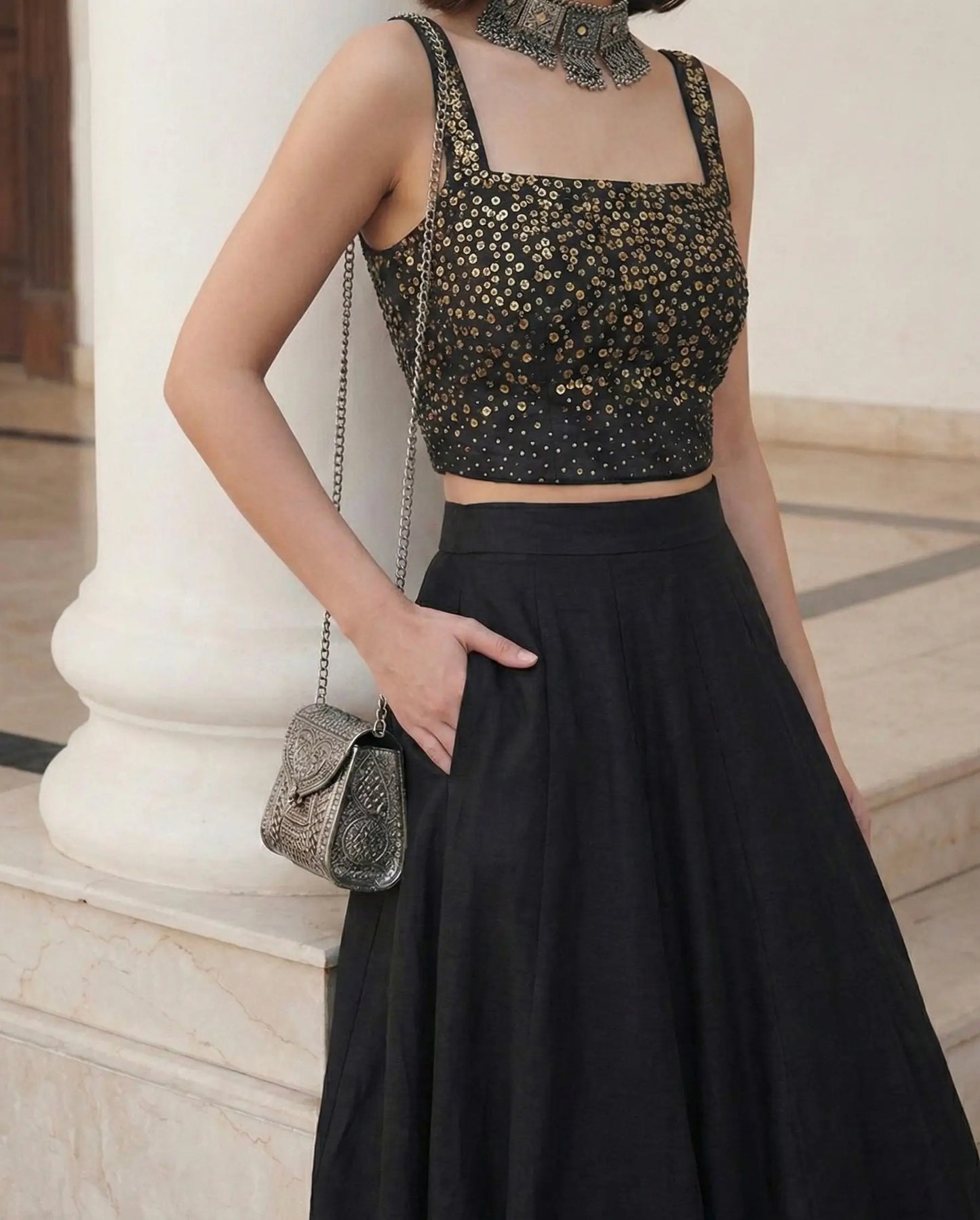 Designer Black Silk Beaded Indo Western