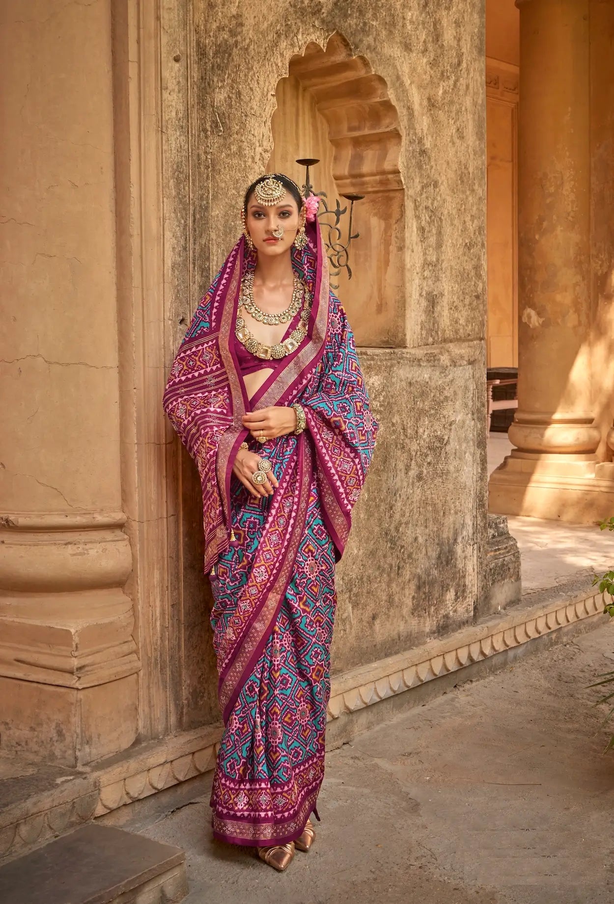 Teal-Dark Fuchsia Silk Patola Saree