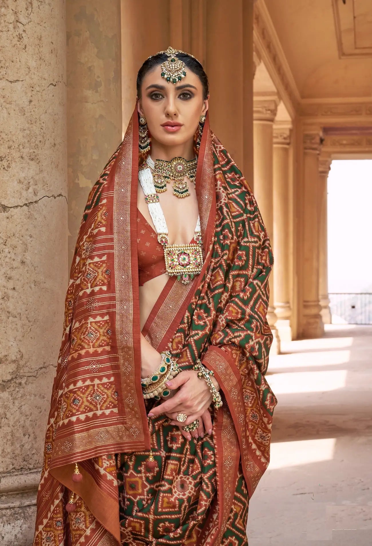 Forest Green-Red Silk Patola Saree
