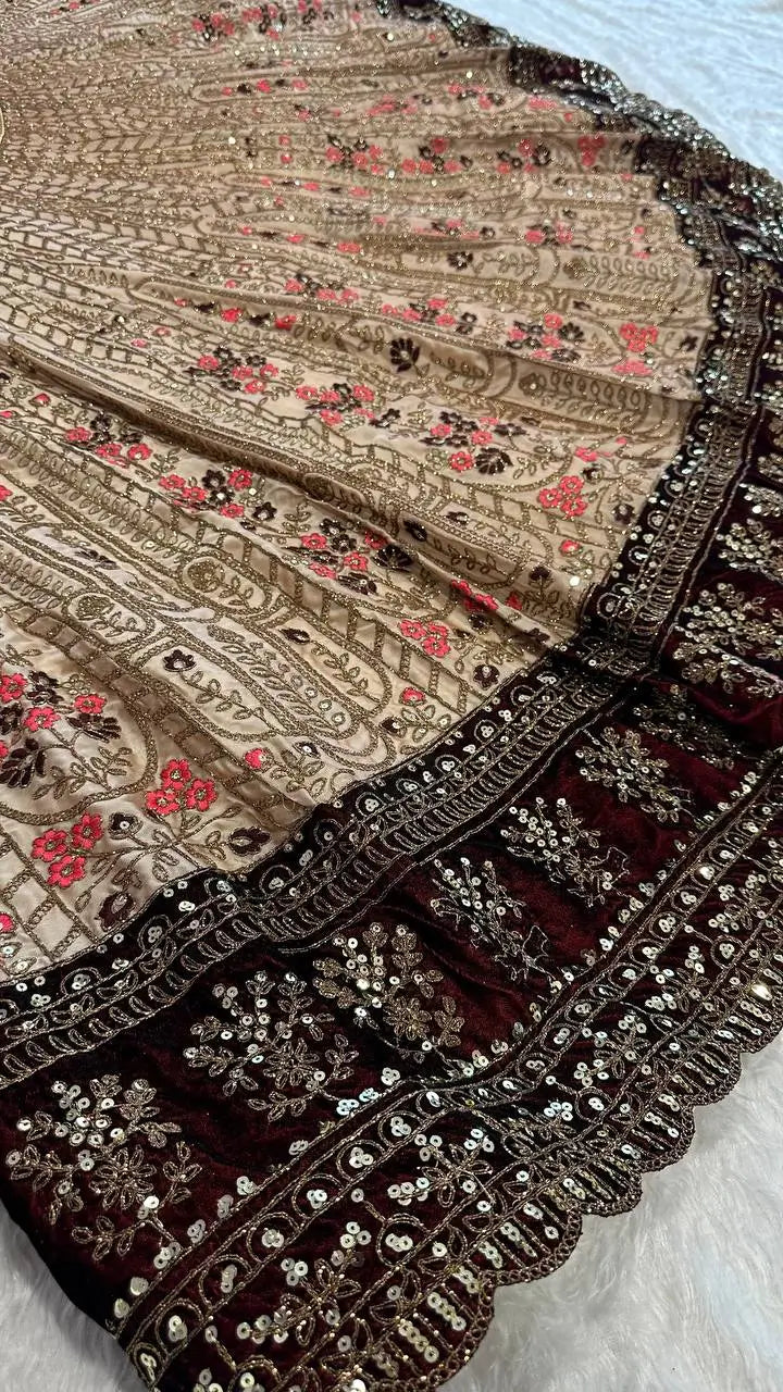 Beige Brown Kasturi Silk Dori, Thread & Sequence Work Lehenga Choli