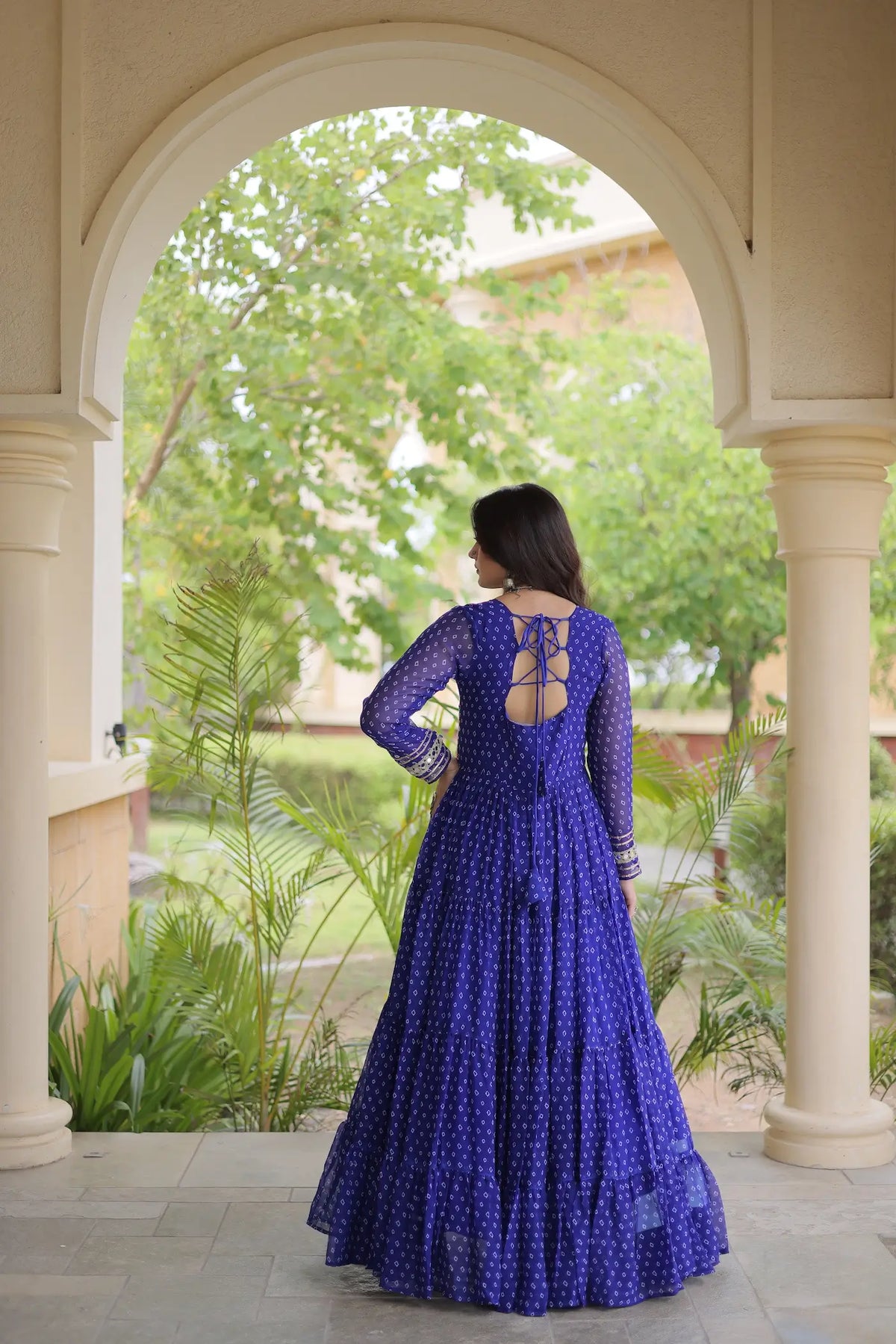 Blue Navratri Gown With Bandhani Print & Gamthi Patch Work