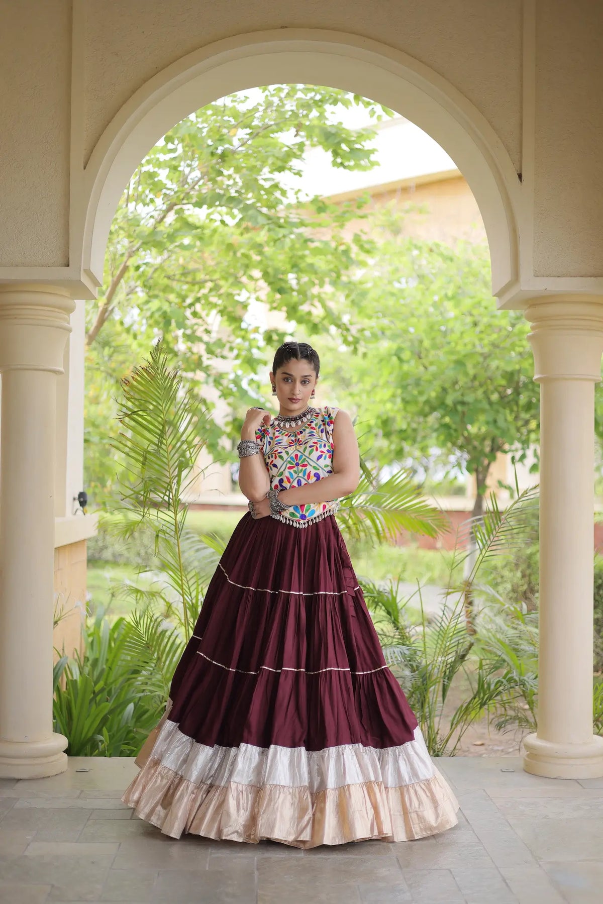Brown Garba Chaniya Choli With Kutchi Work Blouse