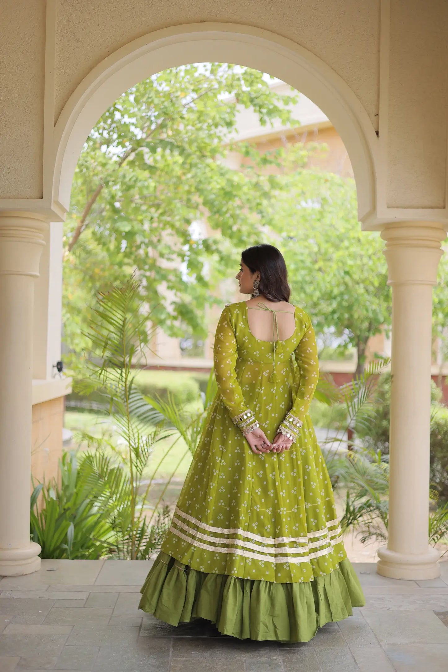 Parrot Green Garba Chaniya Choli With Print & Gamthi Work