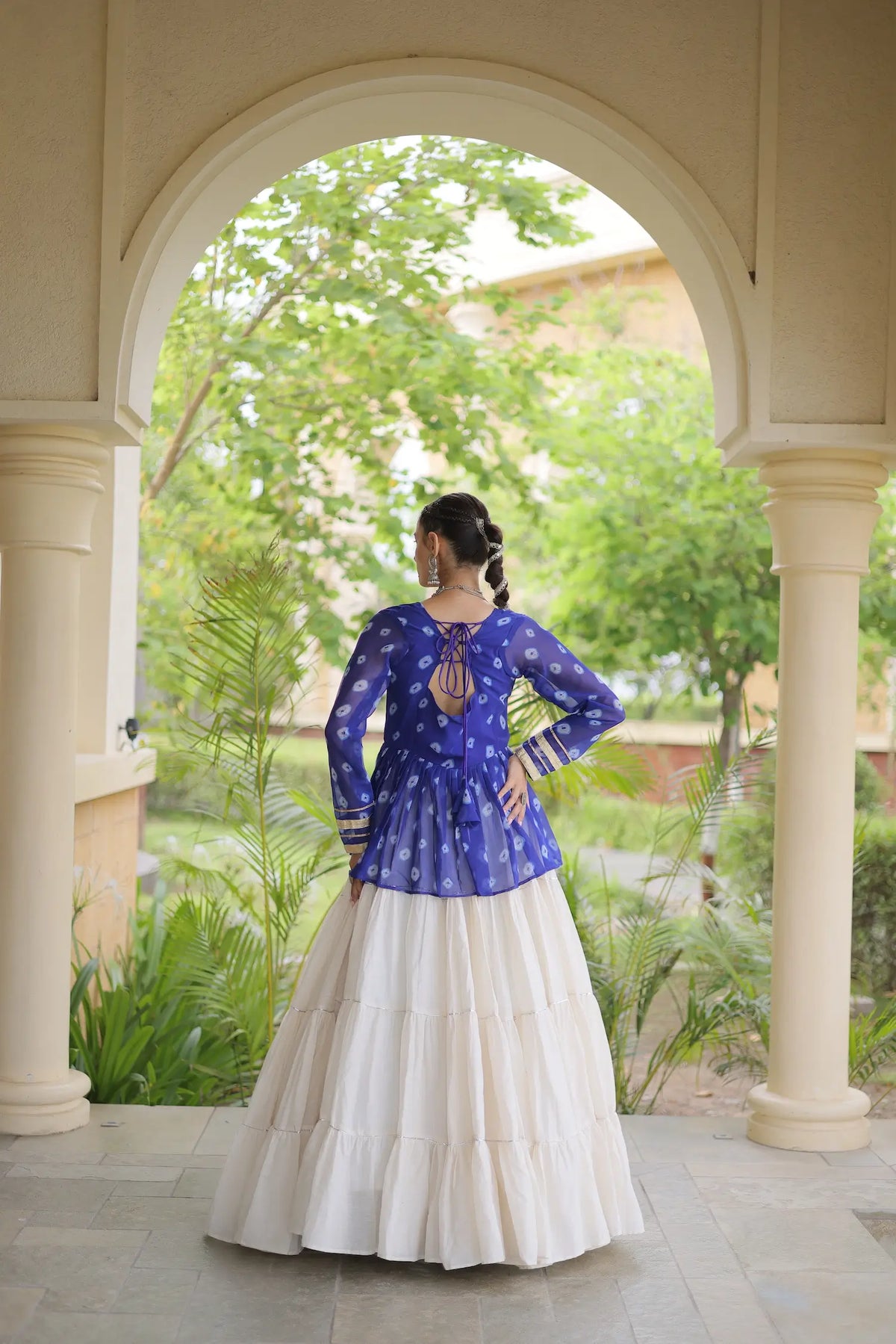 Blue-White Garba Chaniya choli With Kutchi Patch Work