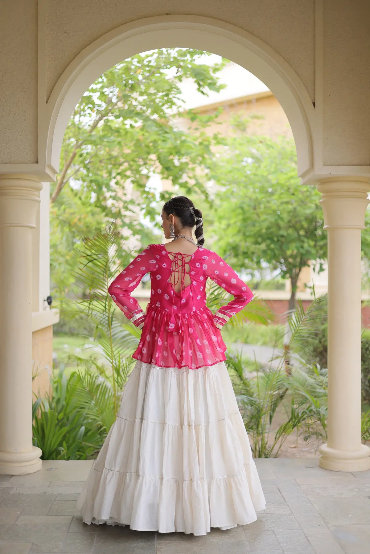 Pink-White Garba Chaniya choli With Kutchi Patch Work