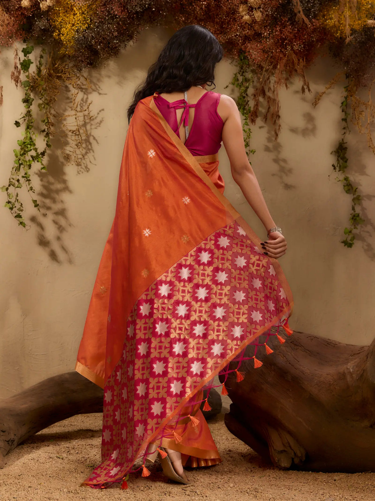 Bright Orange Tussar Silk Zari Weaving Saree