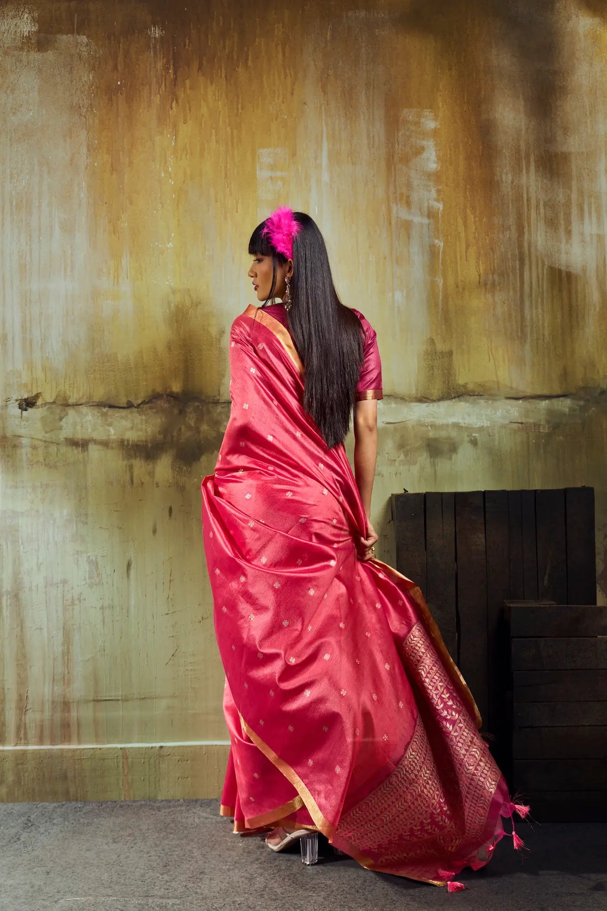 Warm Pink Silk Zari Weaving Saree
