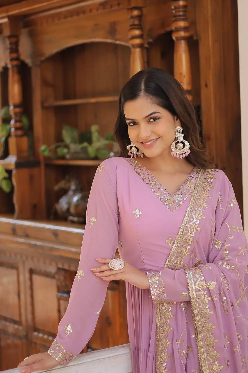 Pista Pink Georgette Embroidered Anarkali Gown with Dupatta