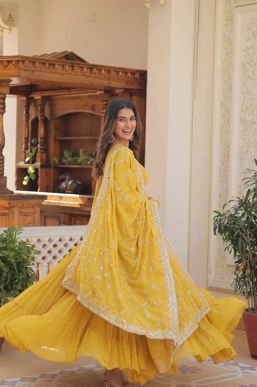 Pista Yellow Georgette Embroidered Anarkali Gown with Dupatta