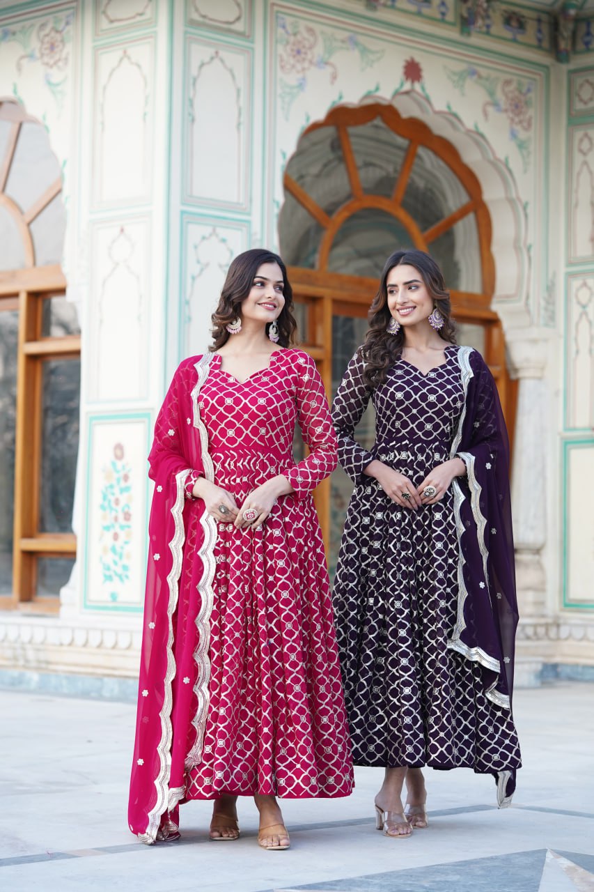 Rani Pink Faux Blooming Sequins Embroidered Anarkali Gown with Dupatta