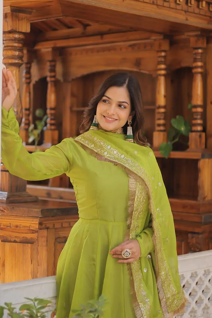 Parrot Green Women’s Russian Silk Anarkali Gown with Sequins Dupatta