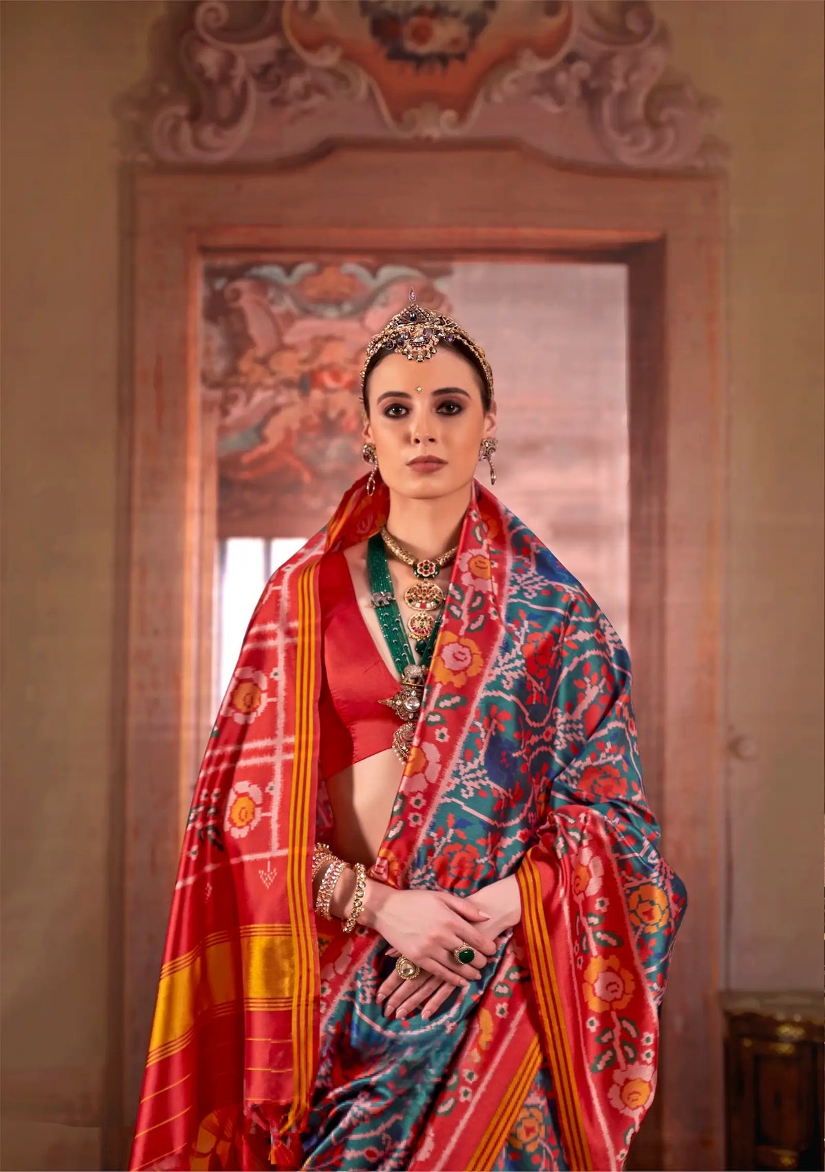 Dark Teal-Red Patan Patola Saree