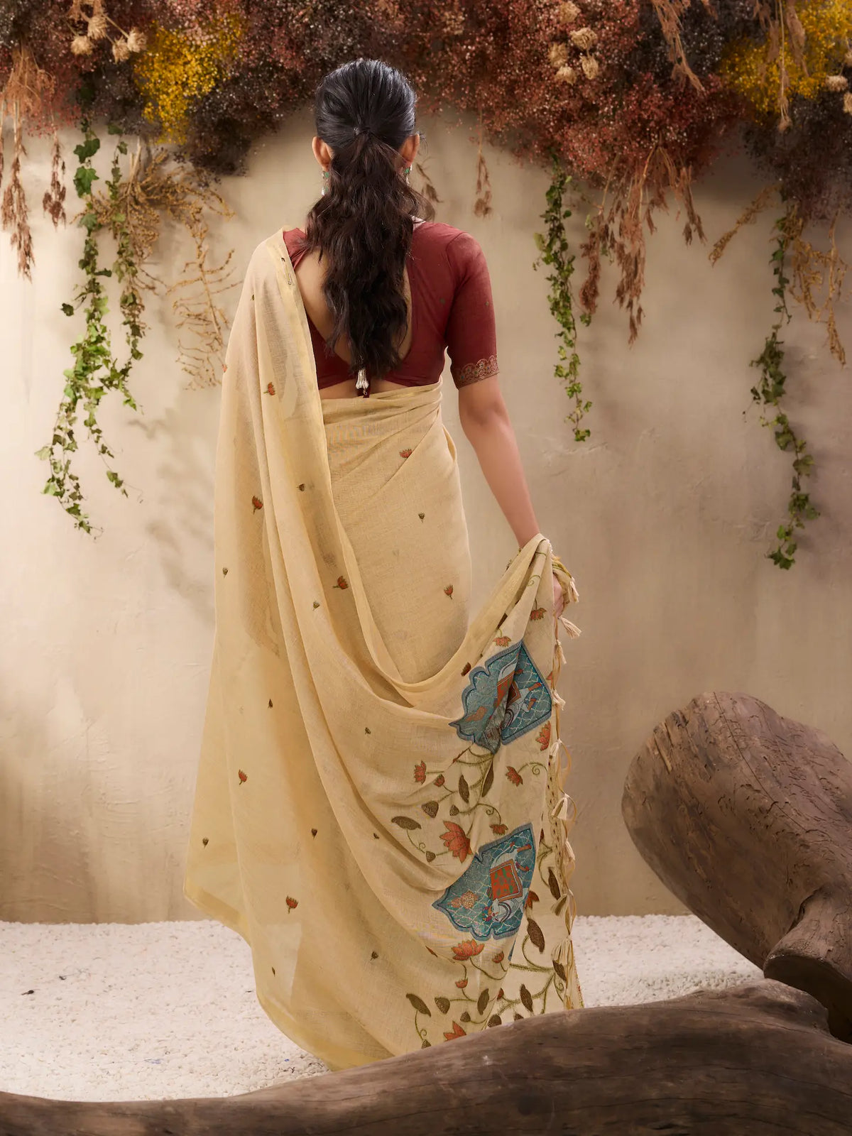 Tan Beige Cotton Weaving Saree