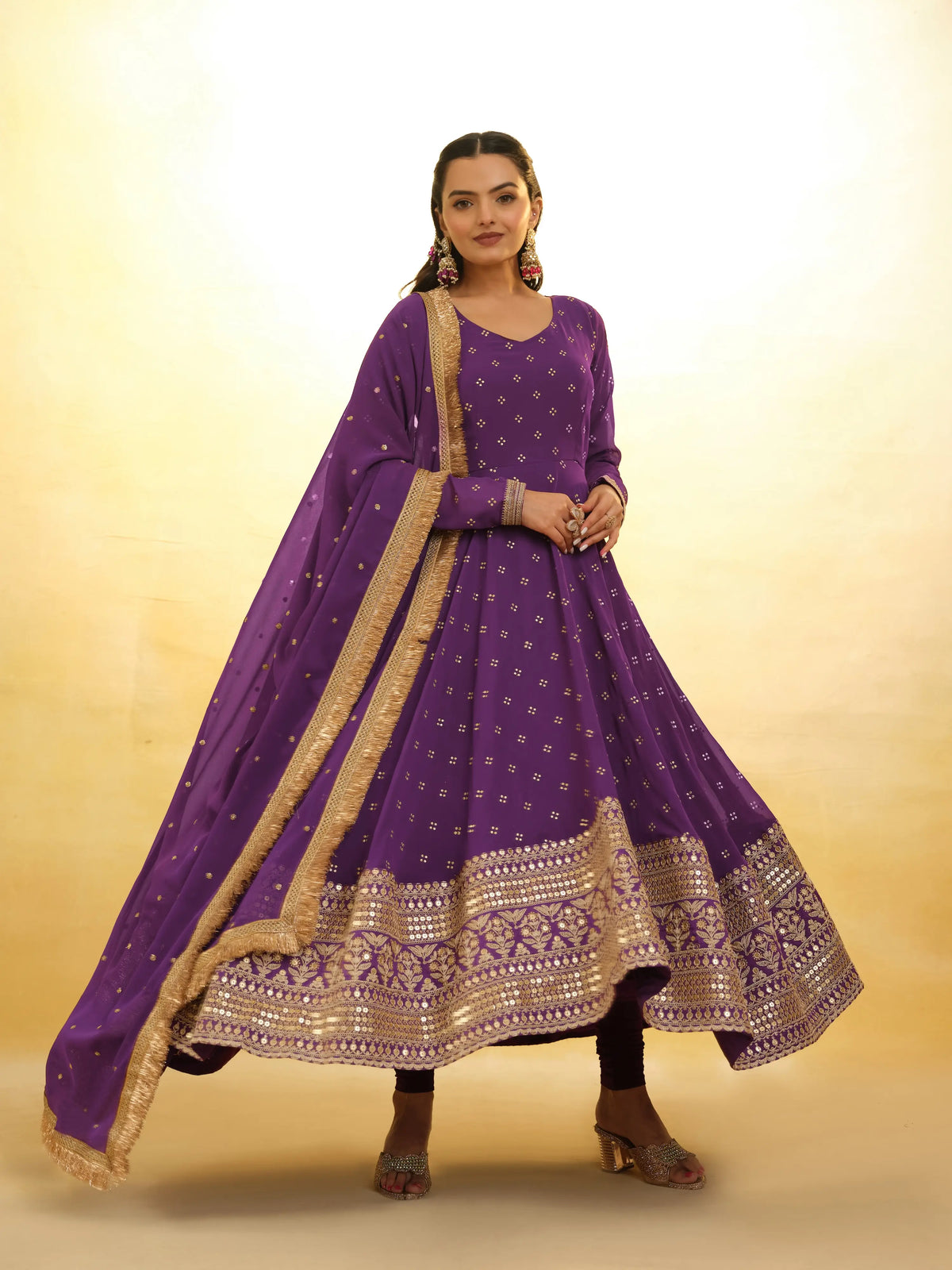 Wine Embroidery Work Georgette Gown With Dupatta