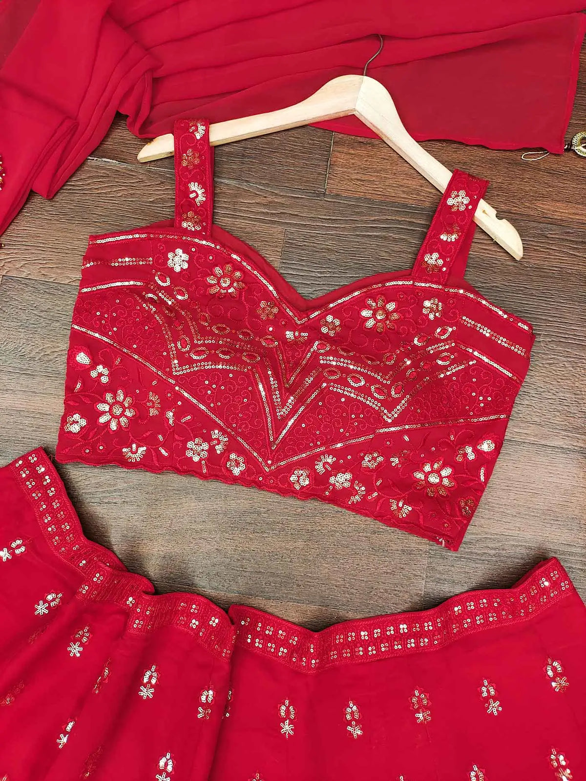 Cherry Red Georgette Lehenga With Sequins Embroidery Work And Dupatta